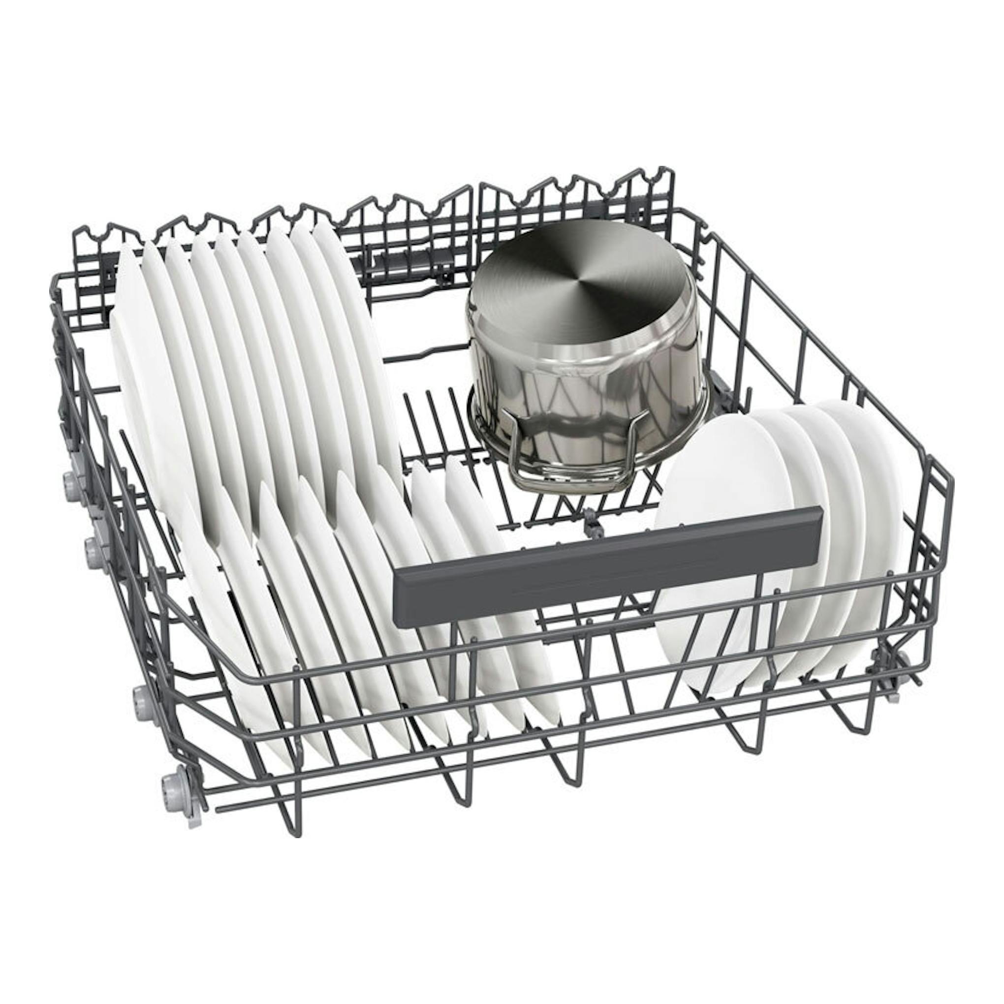Lavavajillas integrable Siemens SX63HX16CE: cesta gris con platos blancos y una olla metálica, vista frontal.