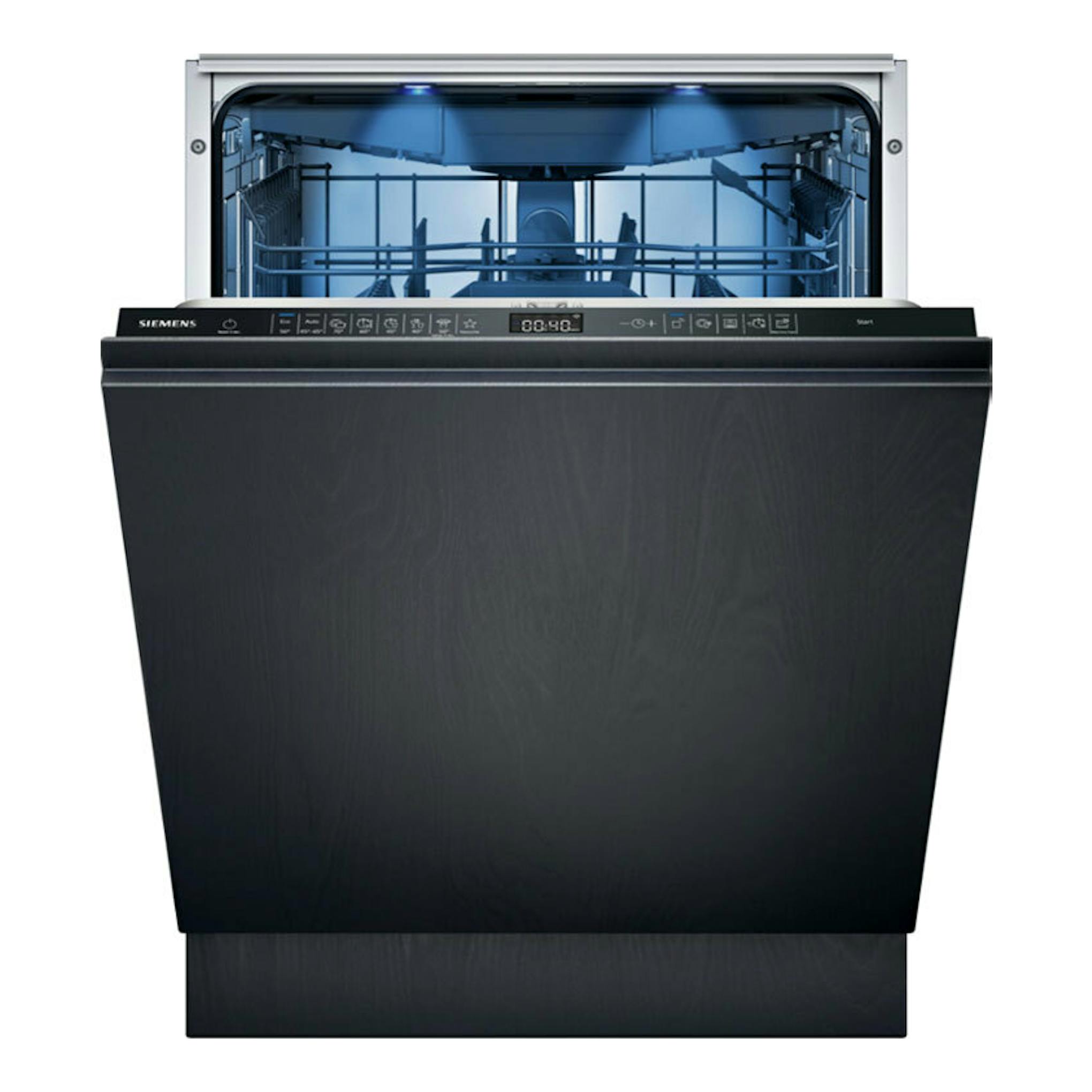 Lavavajillas integrable Siemens SX65ZX07CE negro, vista frontal con puerta abierta e interior iluminado.
