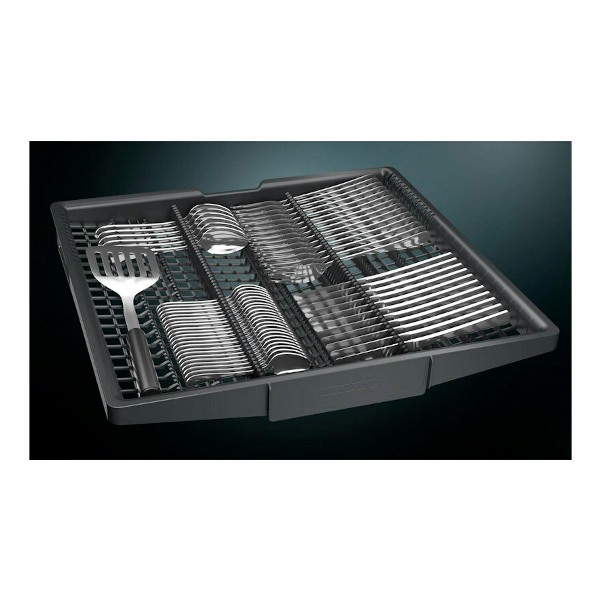 Siemens SX73EX22CE: bandeja para cubiertos en lavavajillas, vista inclinada, gris oscuro.