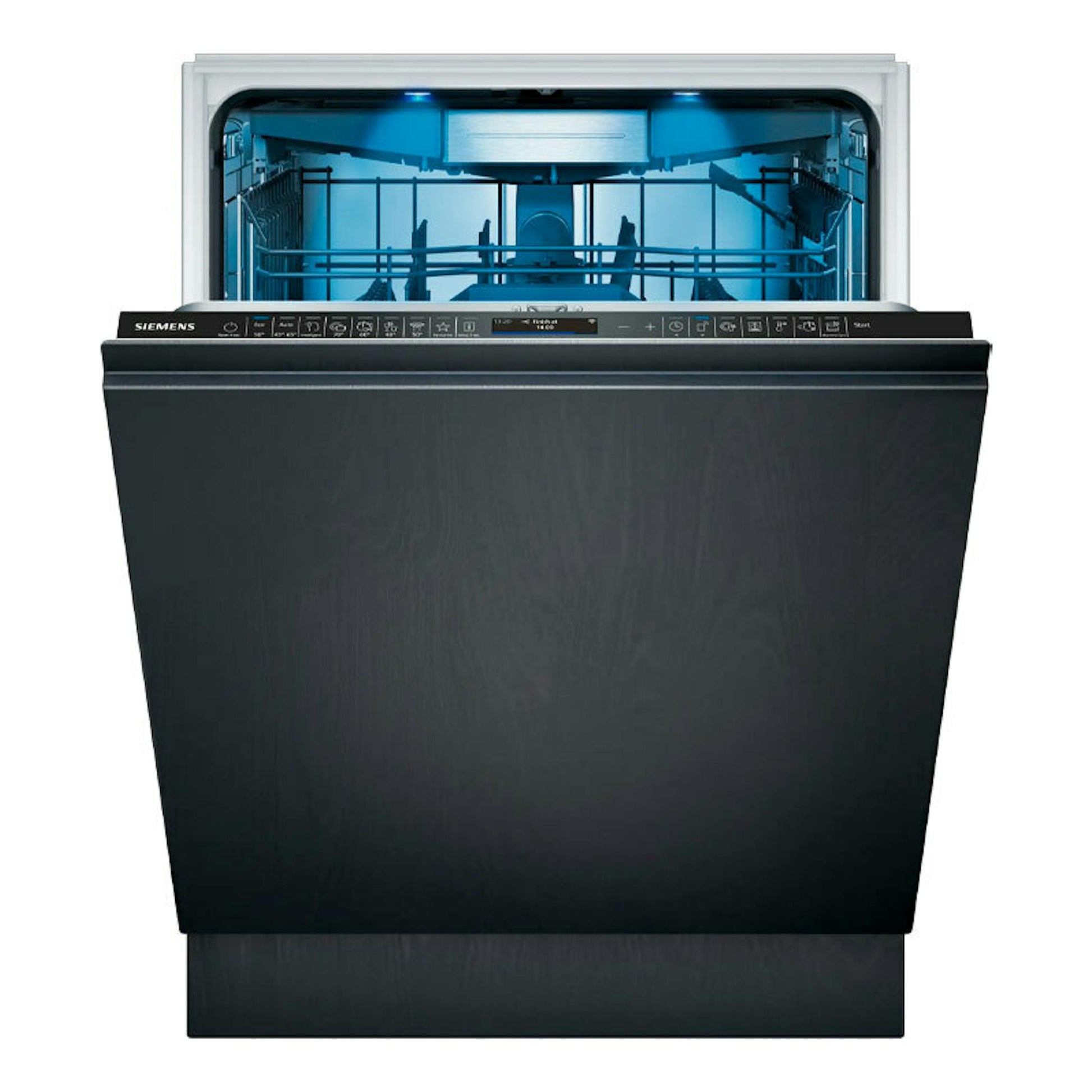 Lavavajillas integrable Siemens SX87TX02CE negro, vista frontal con puerta abierta e interior azul.