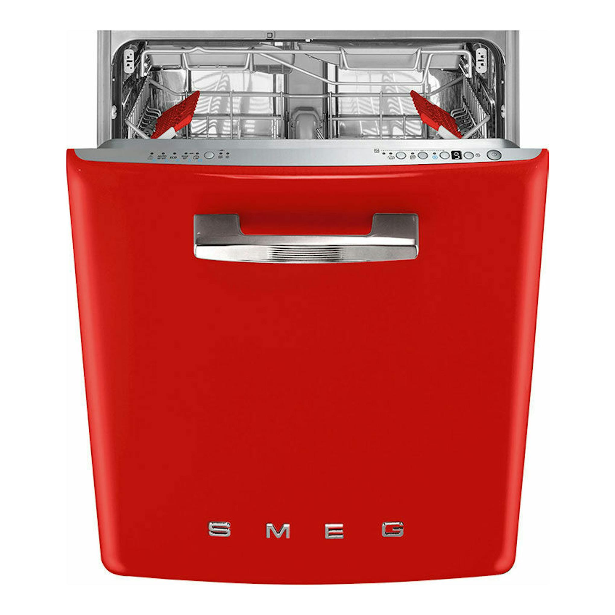 Lavavajillas integrable Smeg STFABRD3 rojo, frontal con puerta abierta e interior visible.