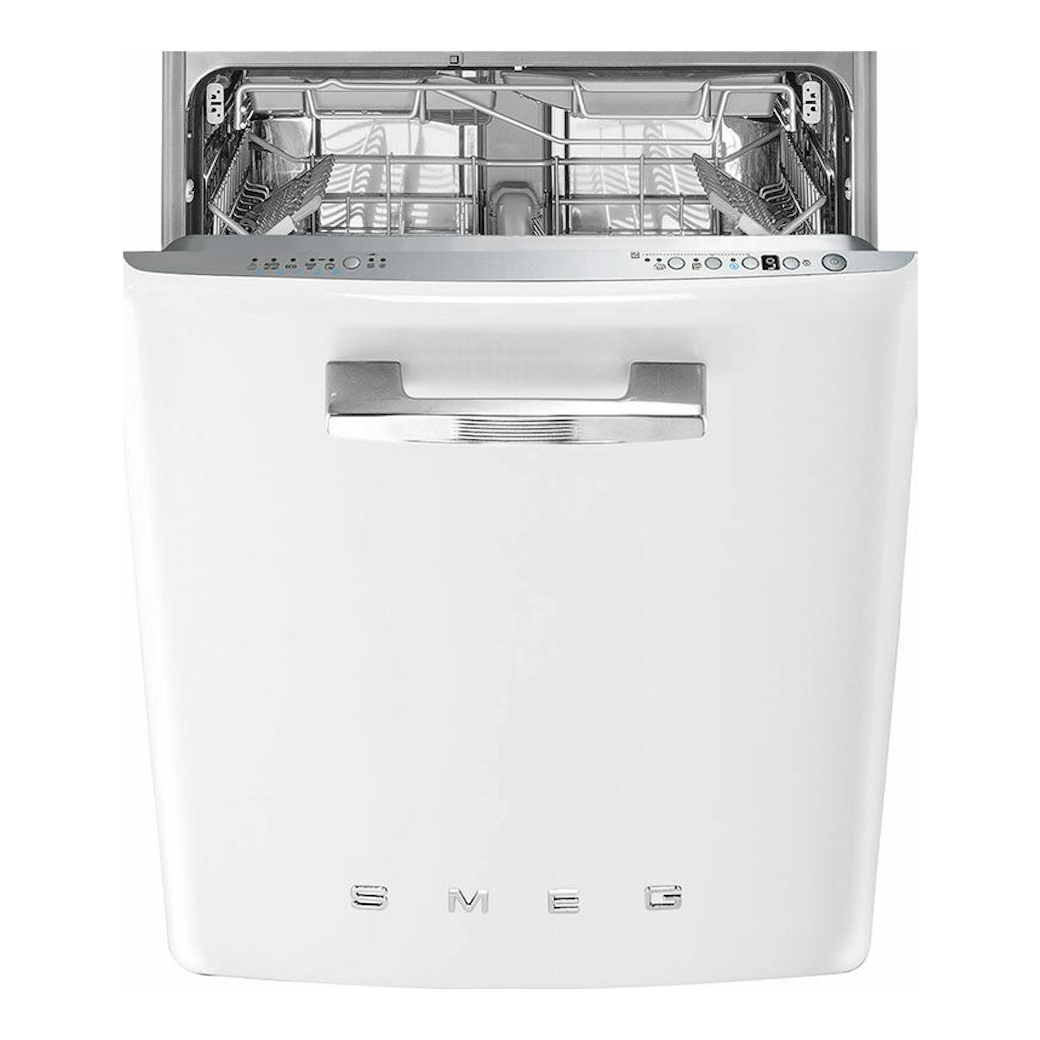 Lavavajillas integrable Smeg STFABWH3 blanco, vista frontal con puerta abierta y cestas interiores visibles.