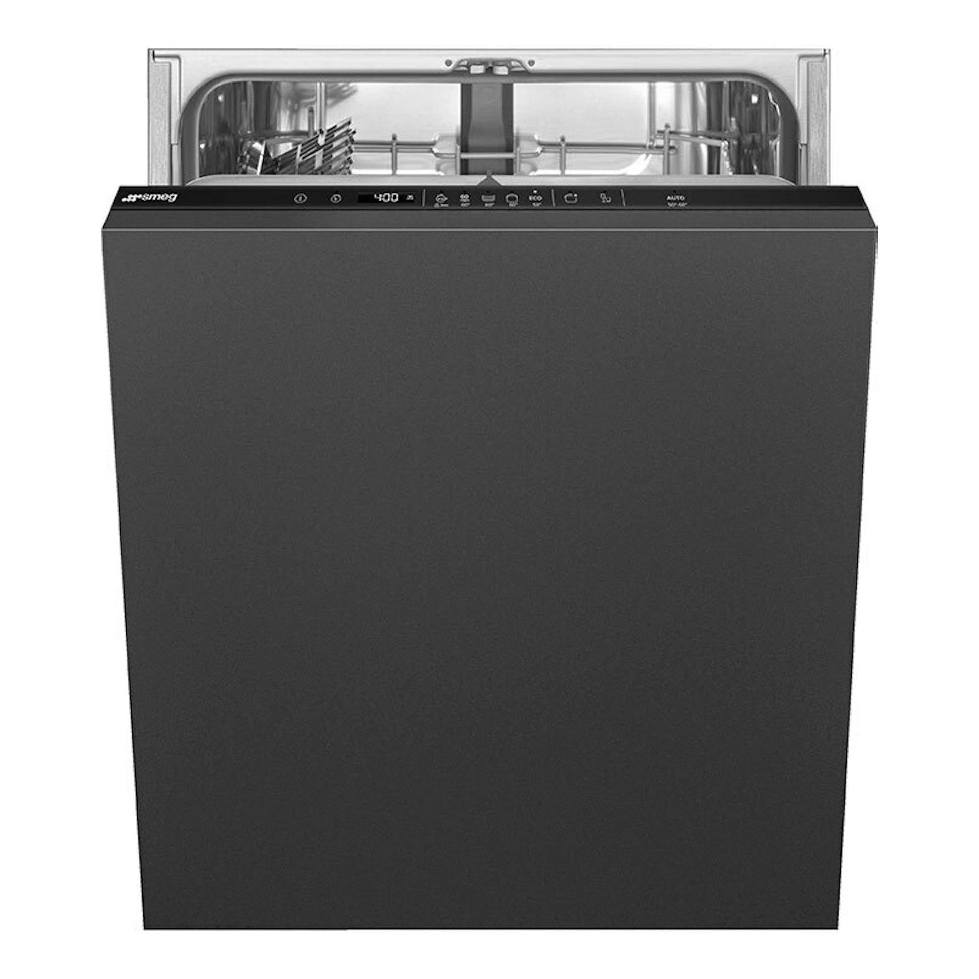 Lavavajillas integrable Smeg STL262D negro, vista frontal con la puerta abierta y el interior visible.