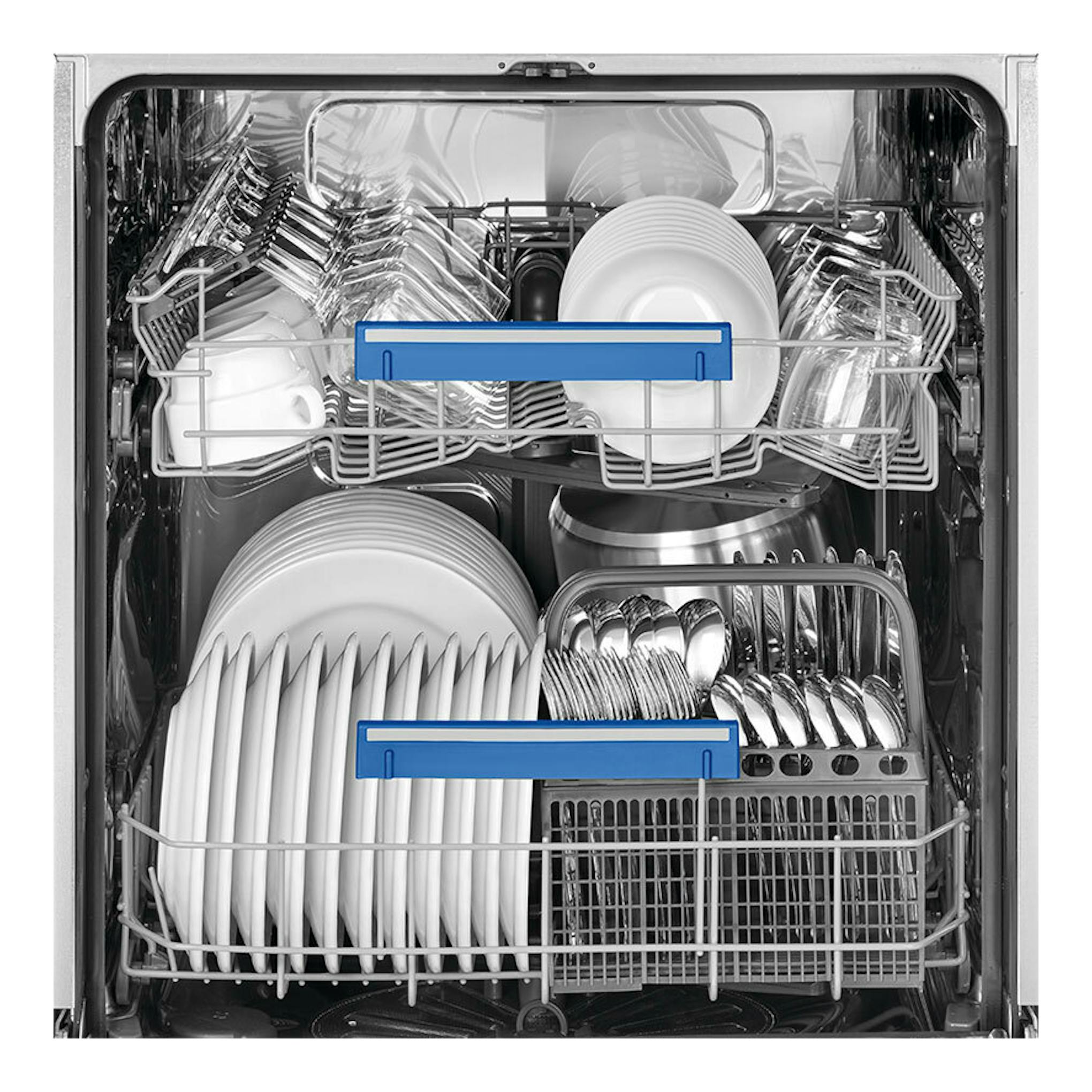 Lavavajillas integrable Smeg STL262D de 60 cm, vista frontal con puerta abierta e interior con vajilla y cubiertos.