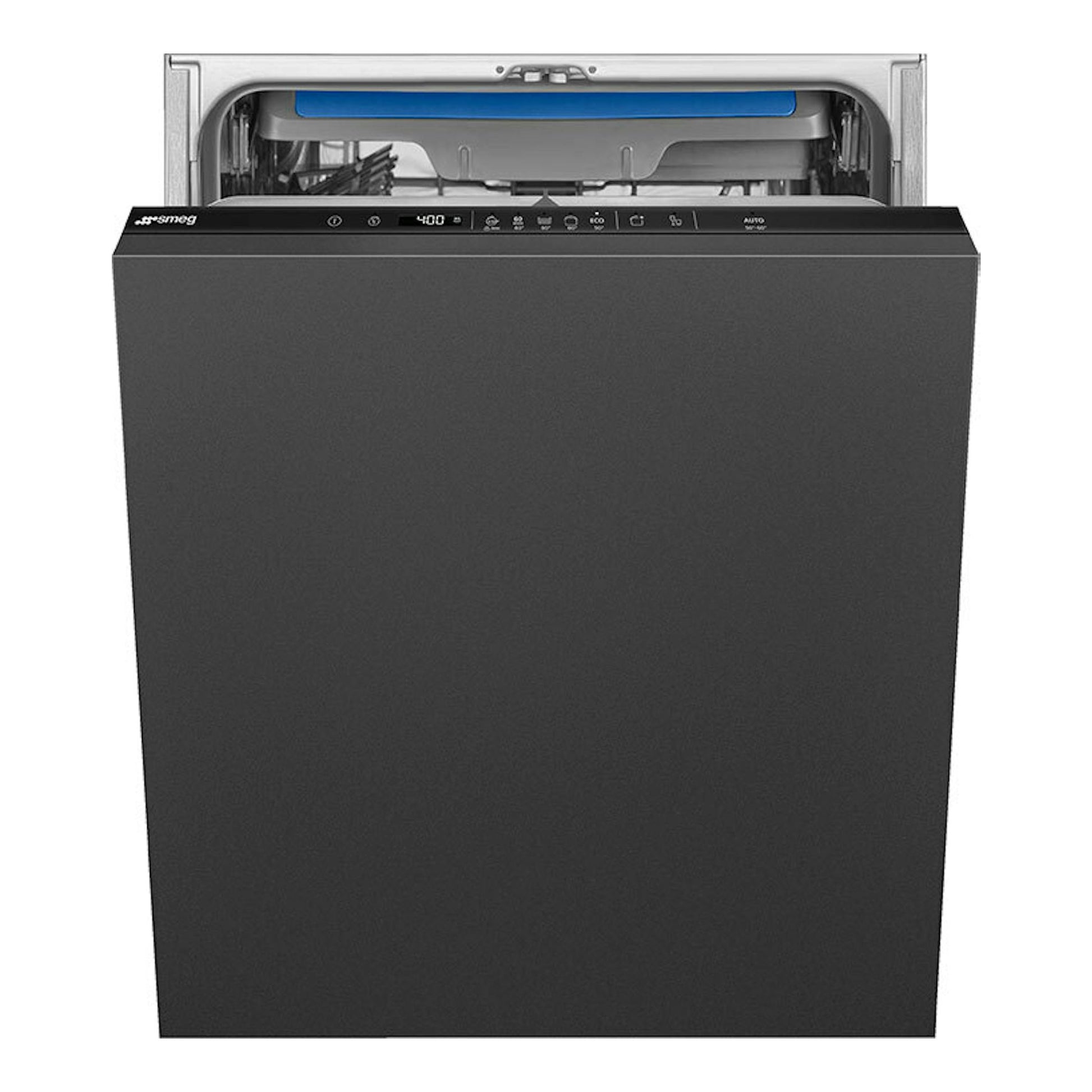 Lavavajillas integrable Smeg STL362DQ negro, vista frontal con la puerta abierta y panel de control superior.