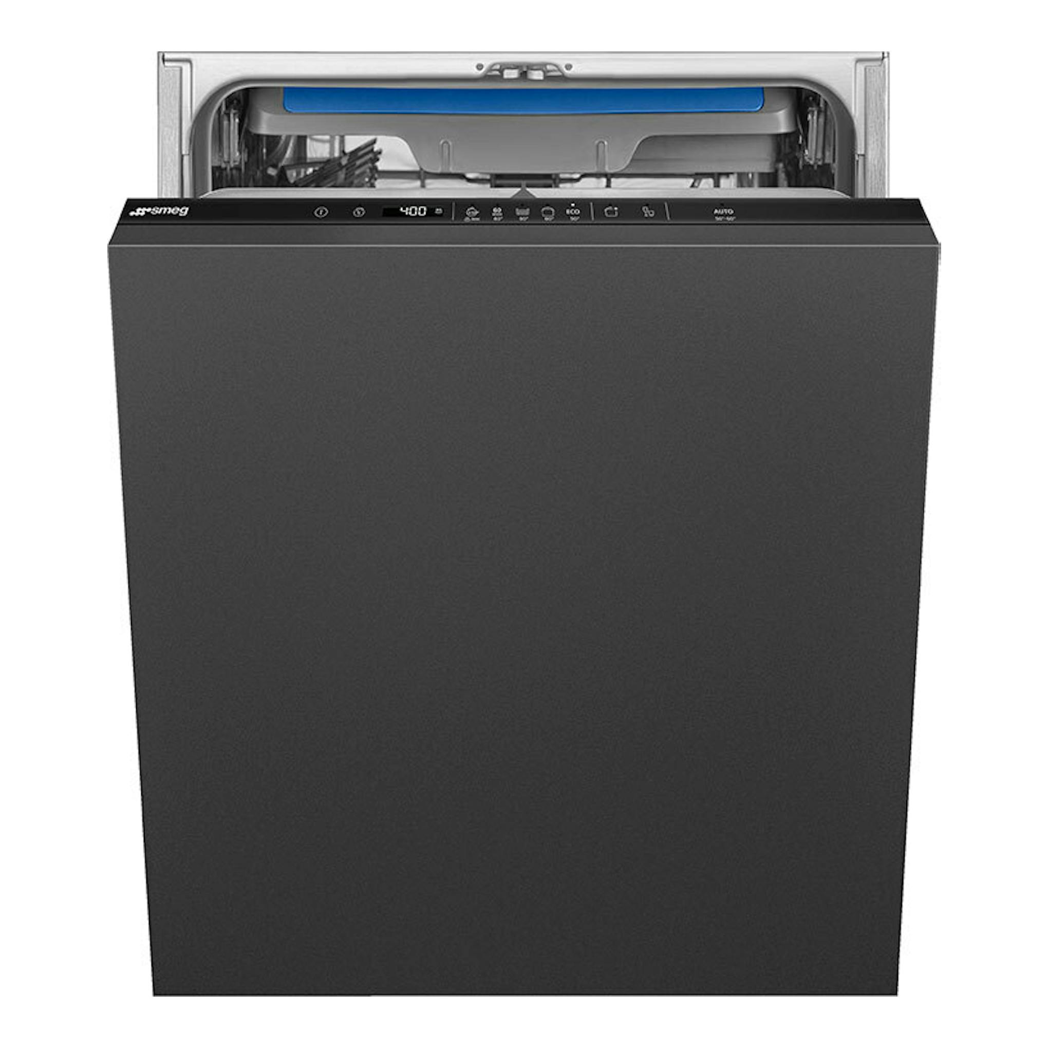 Lavavajillas integrable Smeg STL362DQ negro, vista frontal con la puerta abierta y panel de control superior.