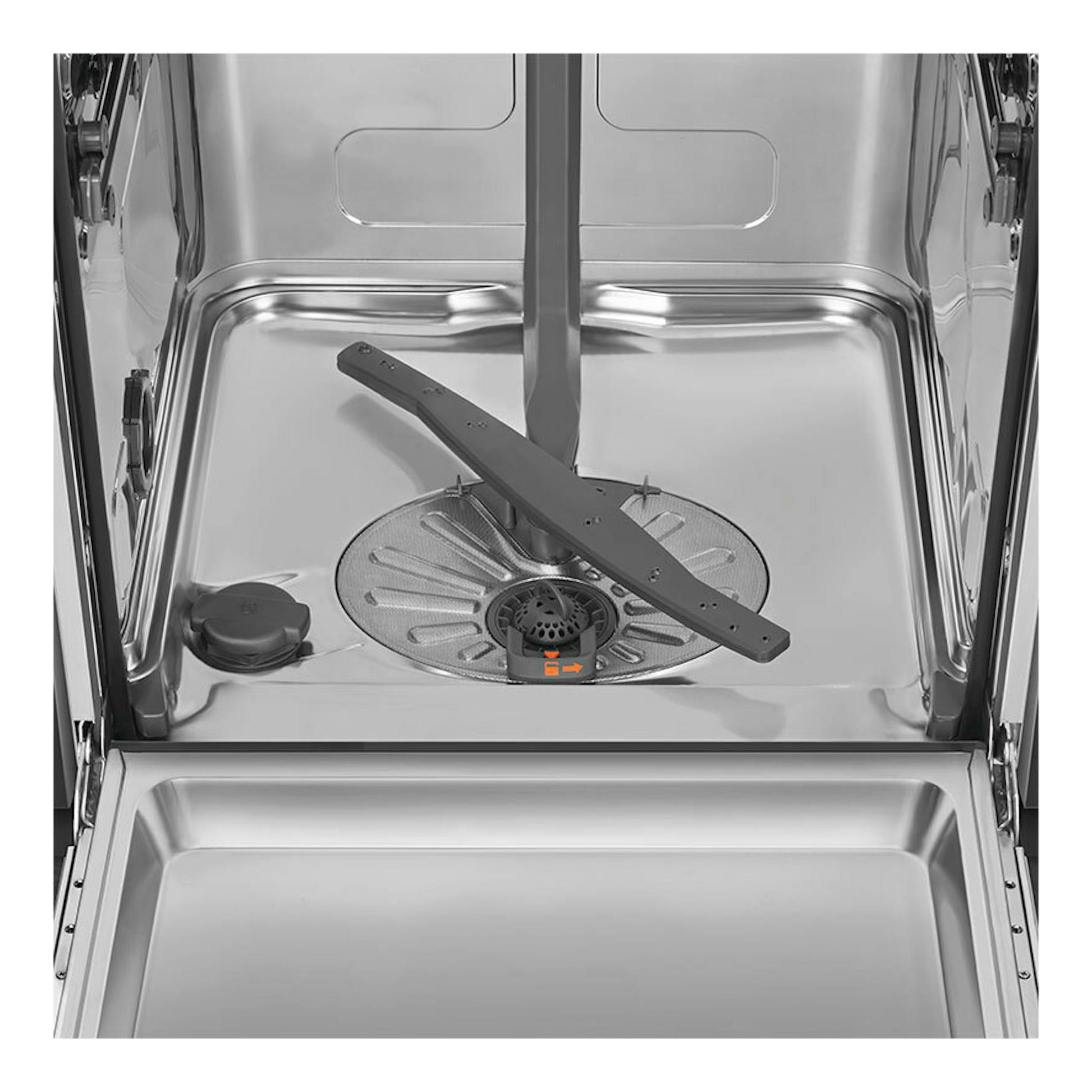 Interior de lavavajillas integrable Smeg STL362DQ de acero inoxidable, con brazo rociador y puerta abierta.