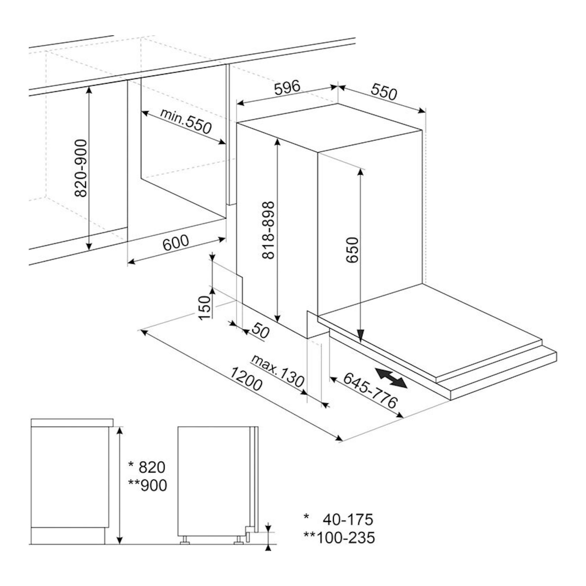 Smeg STL362DQ, lavavajillas integrable de 60 cm, esquema técnico isométrico con medidas.