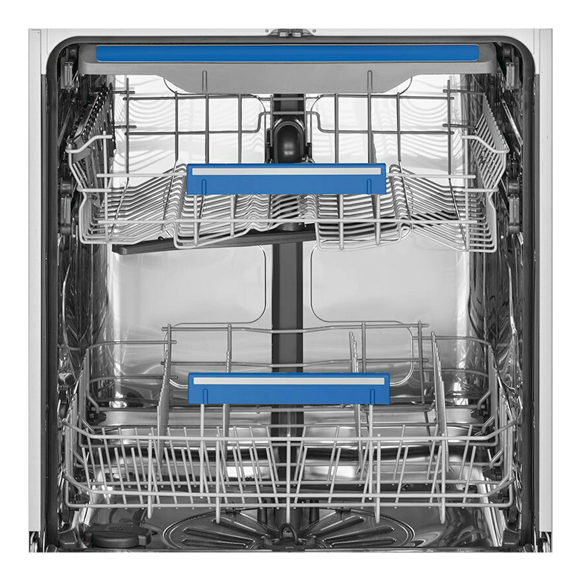 Interior de lavavajillas integrable Smeg STL362DQ de 60 cm, con cestas metálicas y puerta abierta.