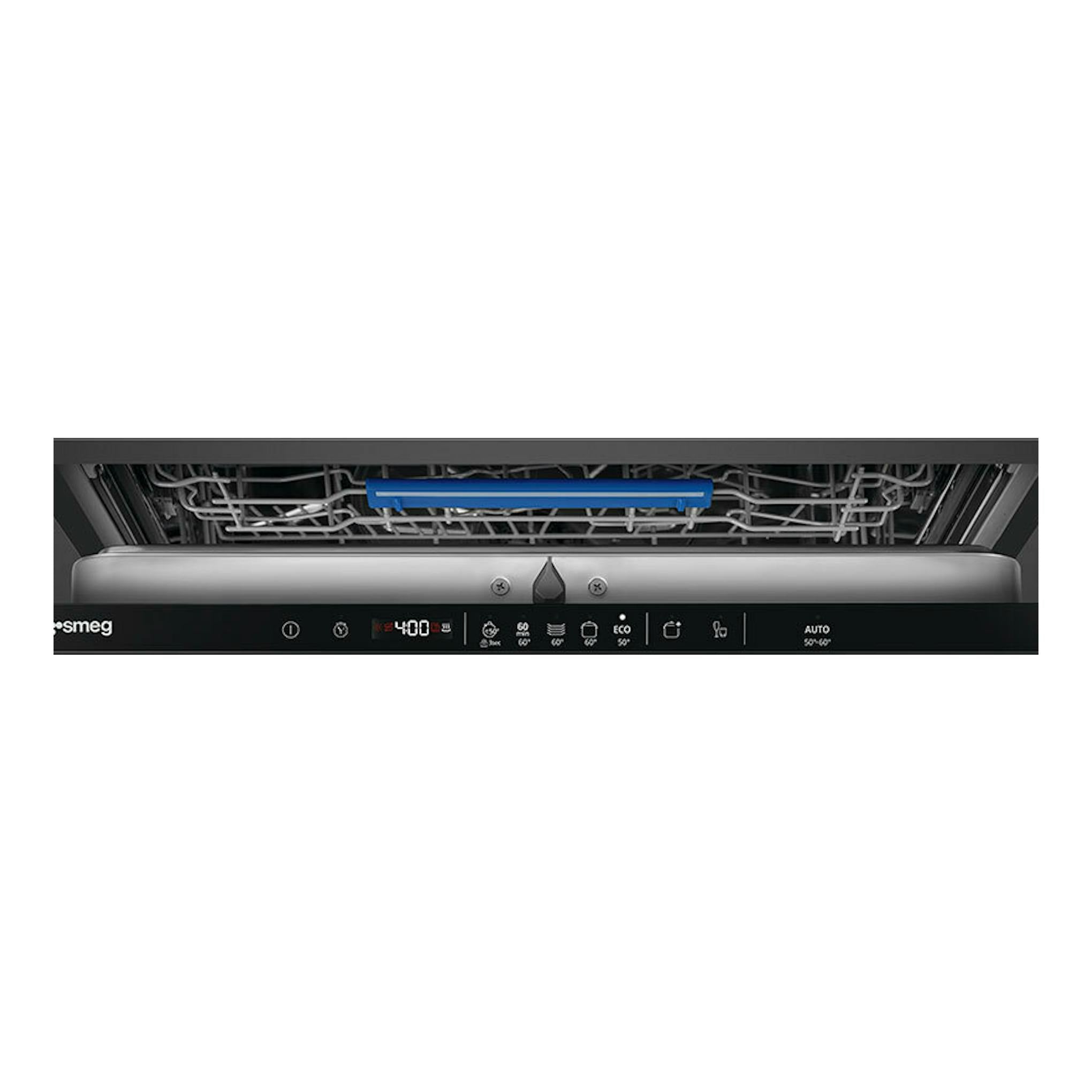 Lavavajillas integrable Smeg STL362DQ, vista frontal con puerta abierta y panel de control negro.
