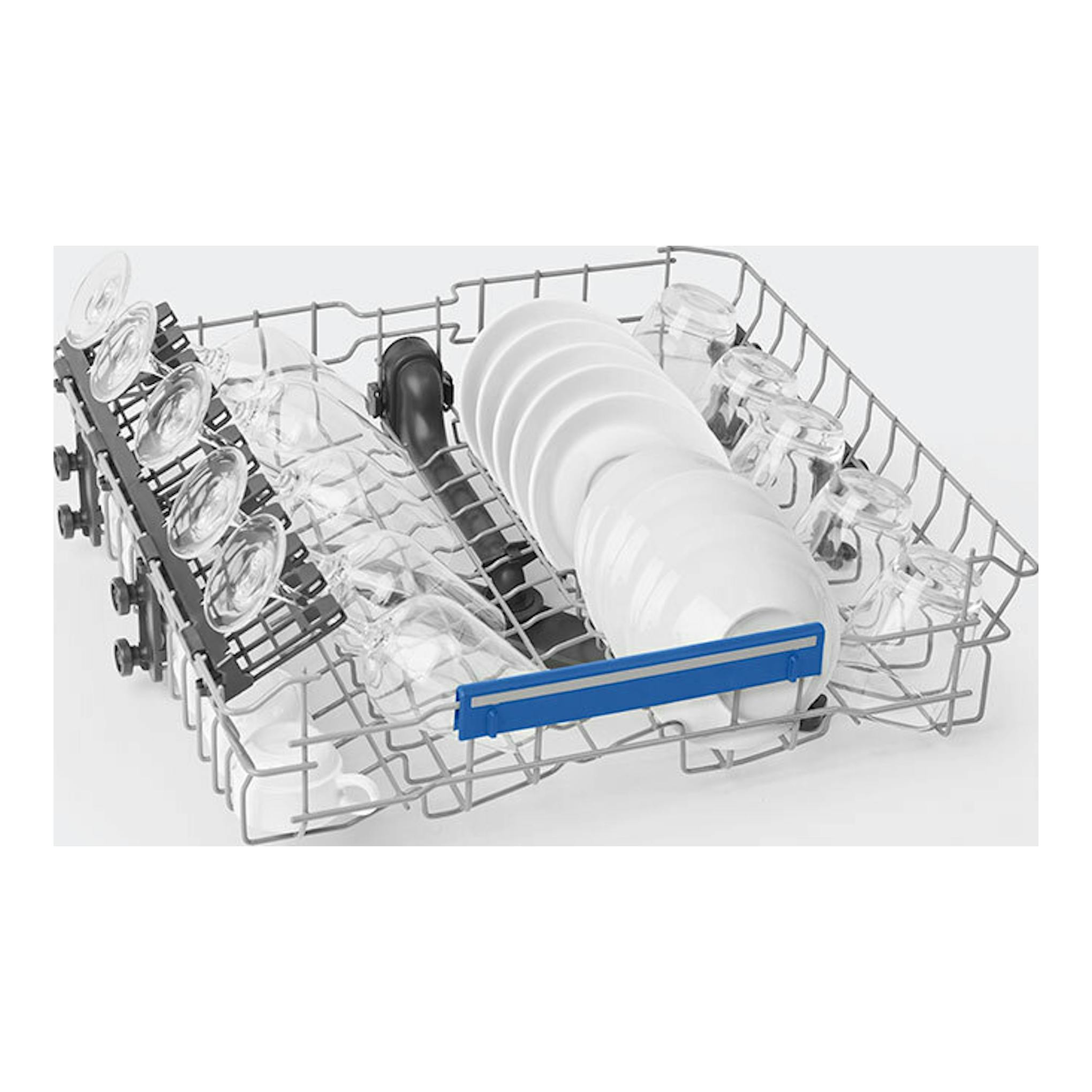 Lavavajillas integrable Smeg STL362DQ de 60 cm, cesta con platos, vasos y copas en vista diagonal.