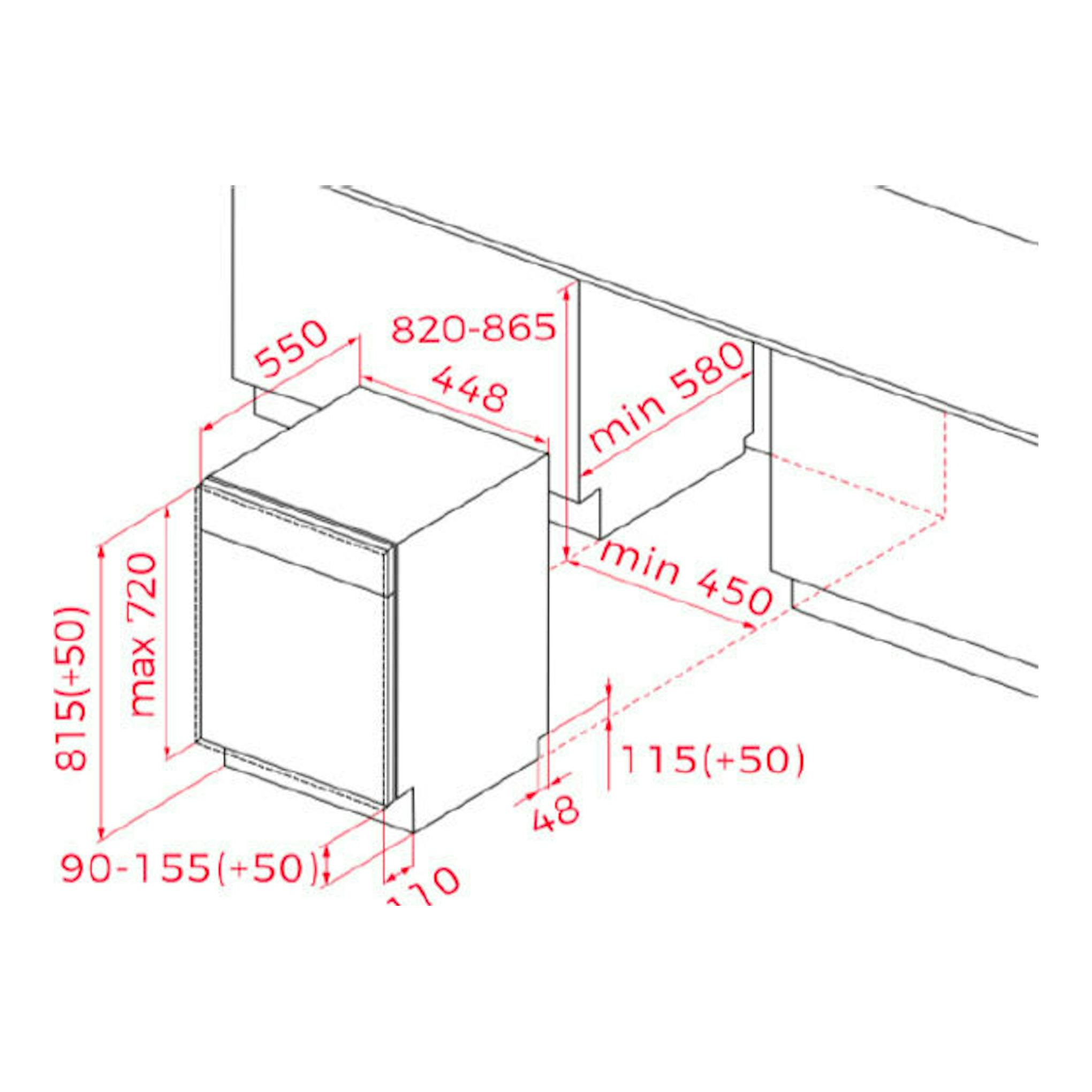 Esquema técnico en vista isométrica del lavavajillas integrable Teka DFI44800 de 45 cm, con medidas rojas.