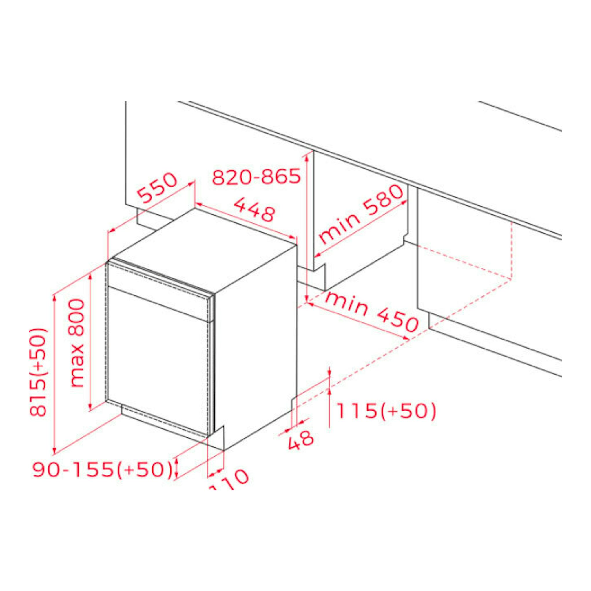 Diagrama técnico en perspectiva de lavavajillas integrable Teka DFI44850 de 45 cm, con medidas de instalación en rojo.