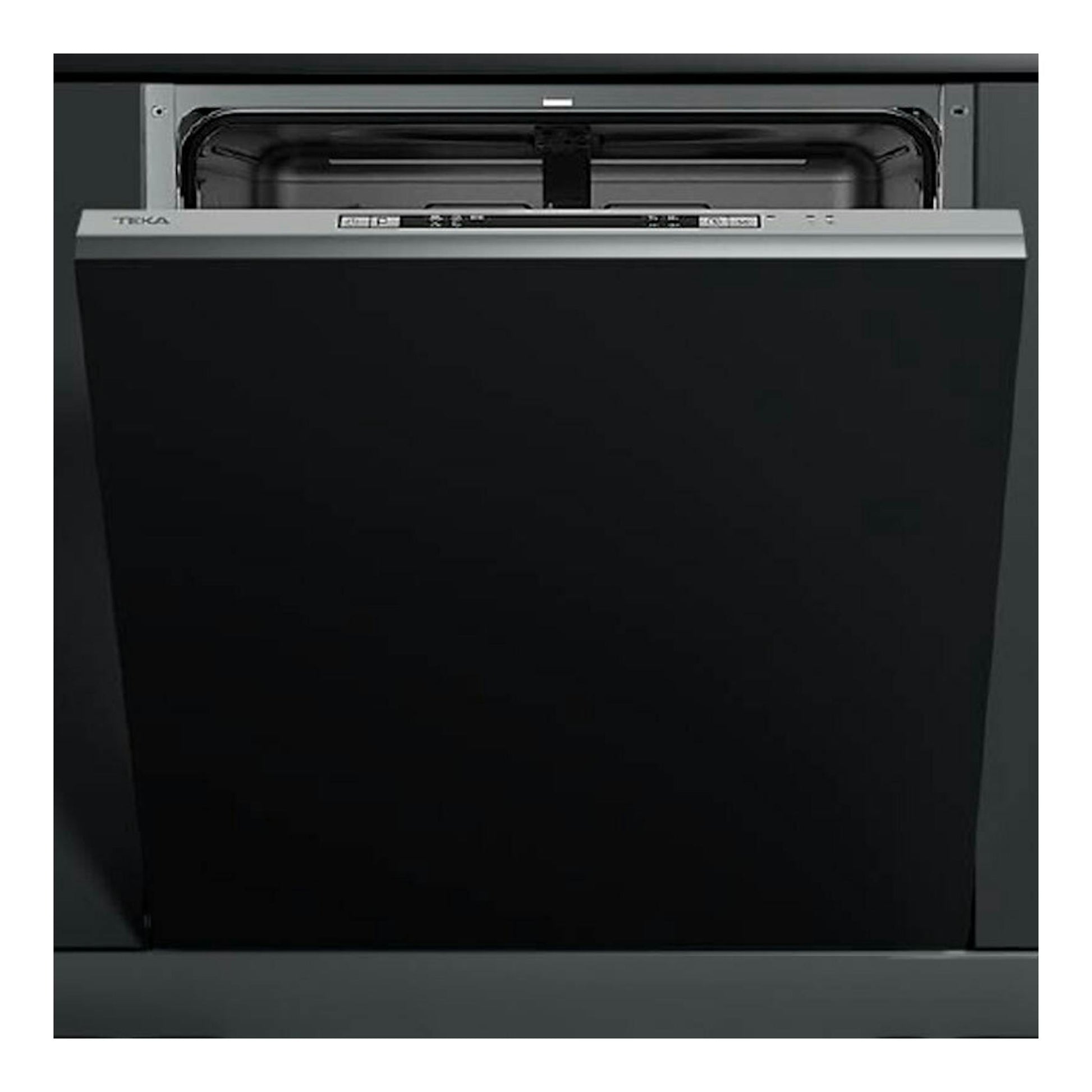Lavavajillas integrable Teka DFI46650 de 60 cm, vista frontal, panel negro y parte superior abierta.