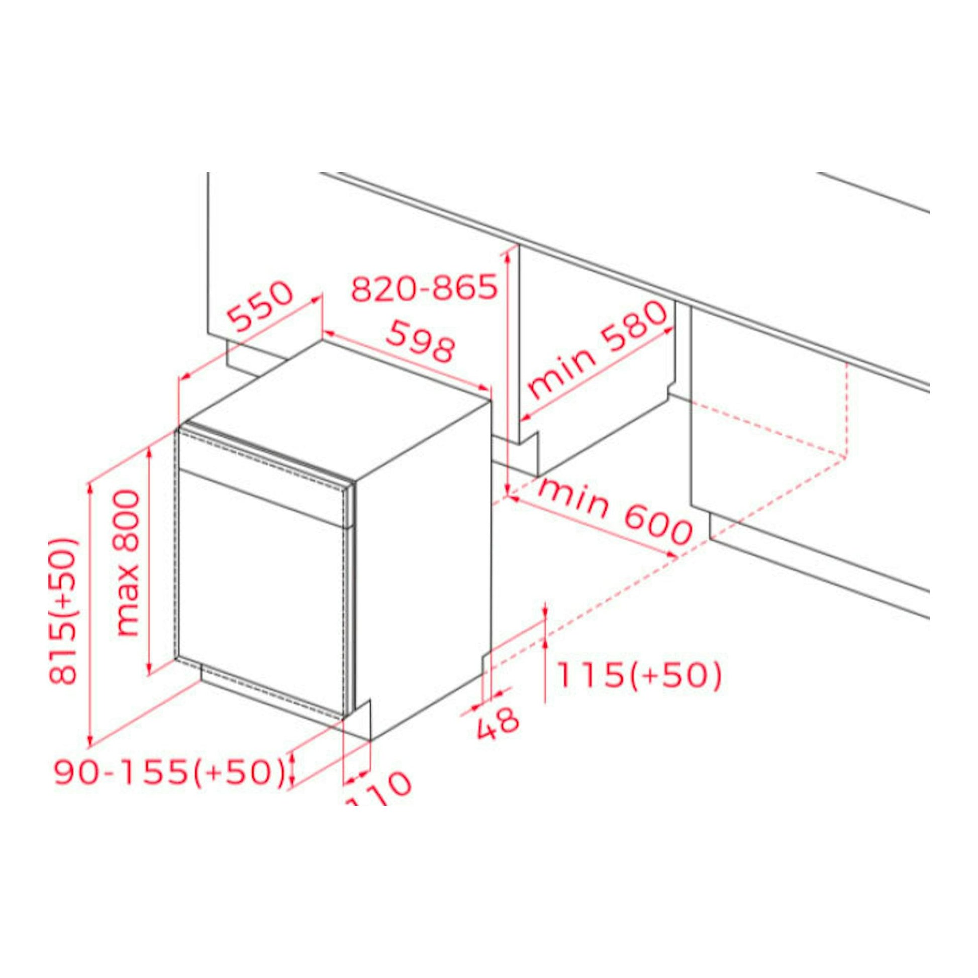 Esquema de instalación de lavavajillas integrable Teka DFI46650, vista isométrica en blanco y medidas en rojo.