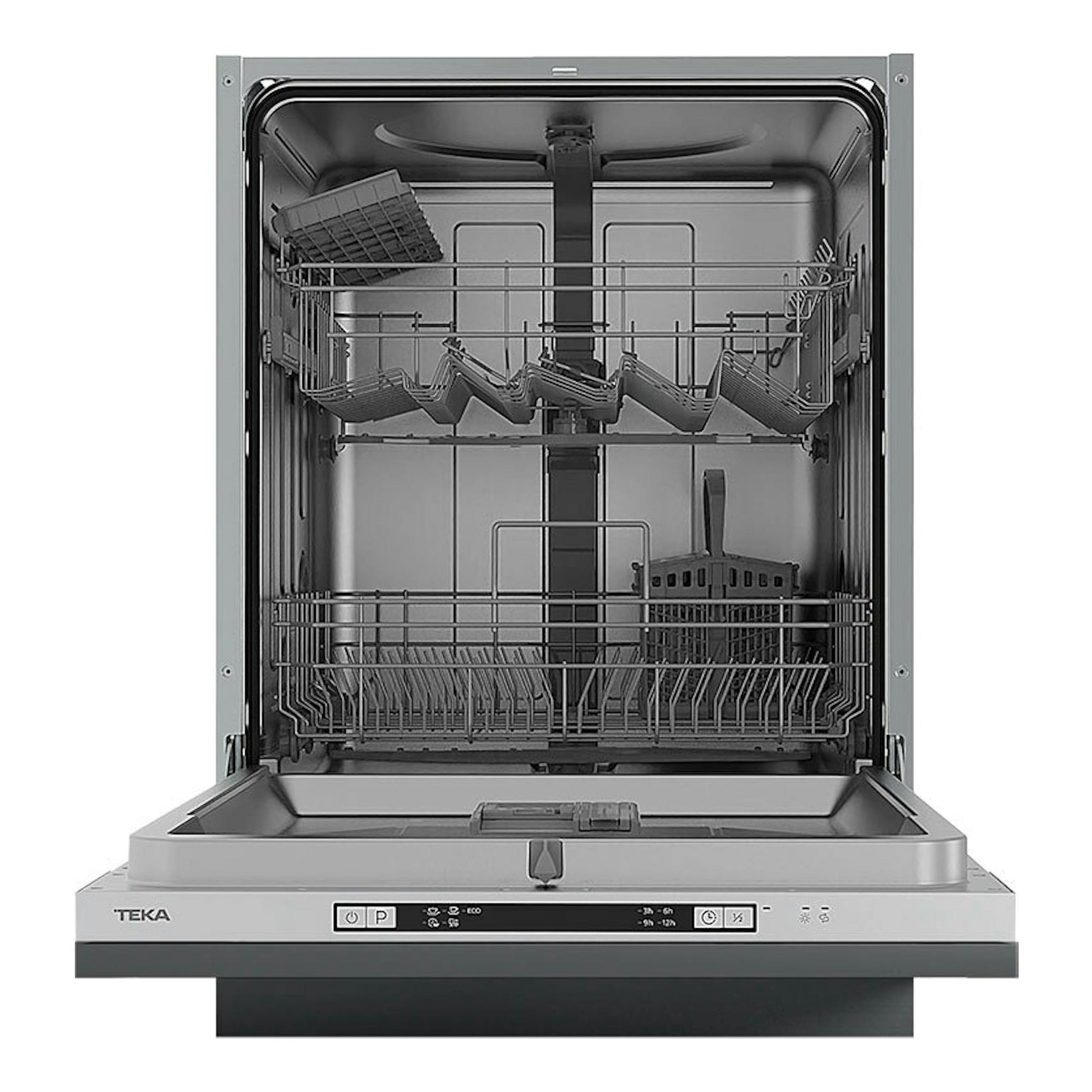 Lavavajillas integrable Teka DFI46650 de 60 cm, vista frontal abierto, interior y bandejas en acero.