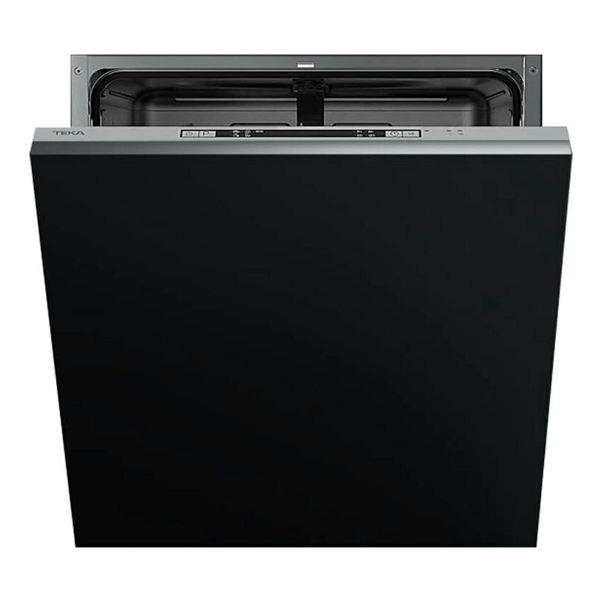 Lavavajillas integrable Teka DFI46710 WH, vista frontal, panel negro y puerta parcialmente abierta.