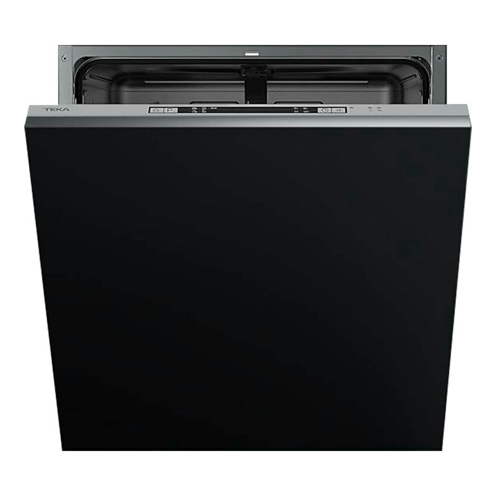 Lavavajillas integrable Teka DFI46710 WH, vista frontal, panel negro y puerta parcialmente abierta.