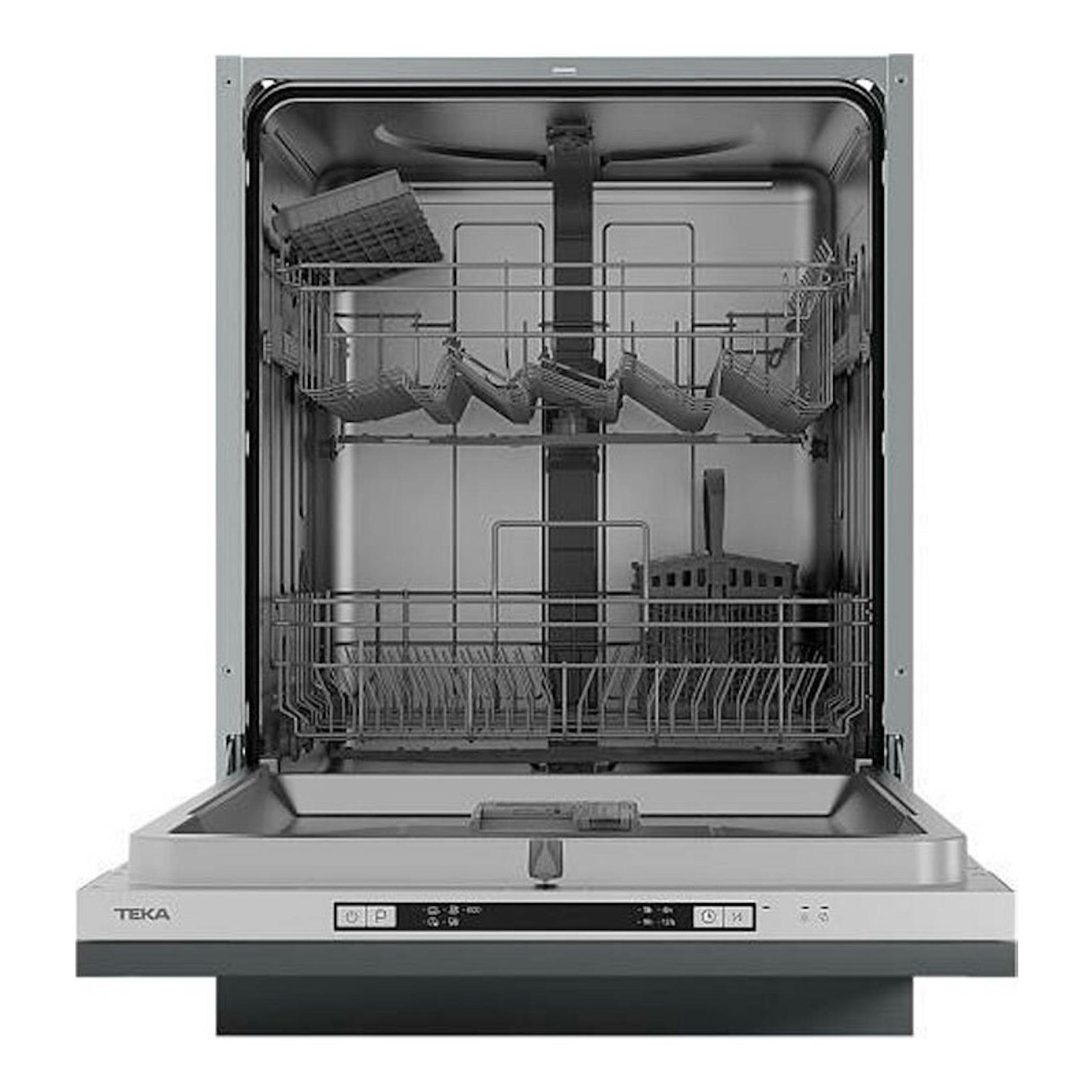 Lavavajillas integrable Teka DFI46710 WH de 60 cm, vista frontal abierta, acabado en acero inoxidable.