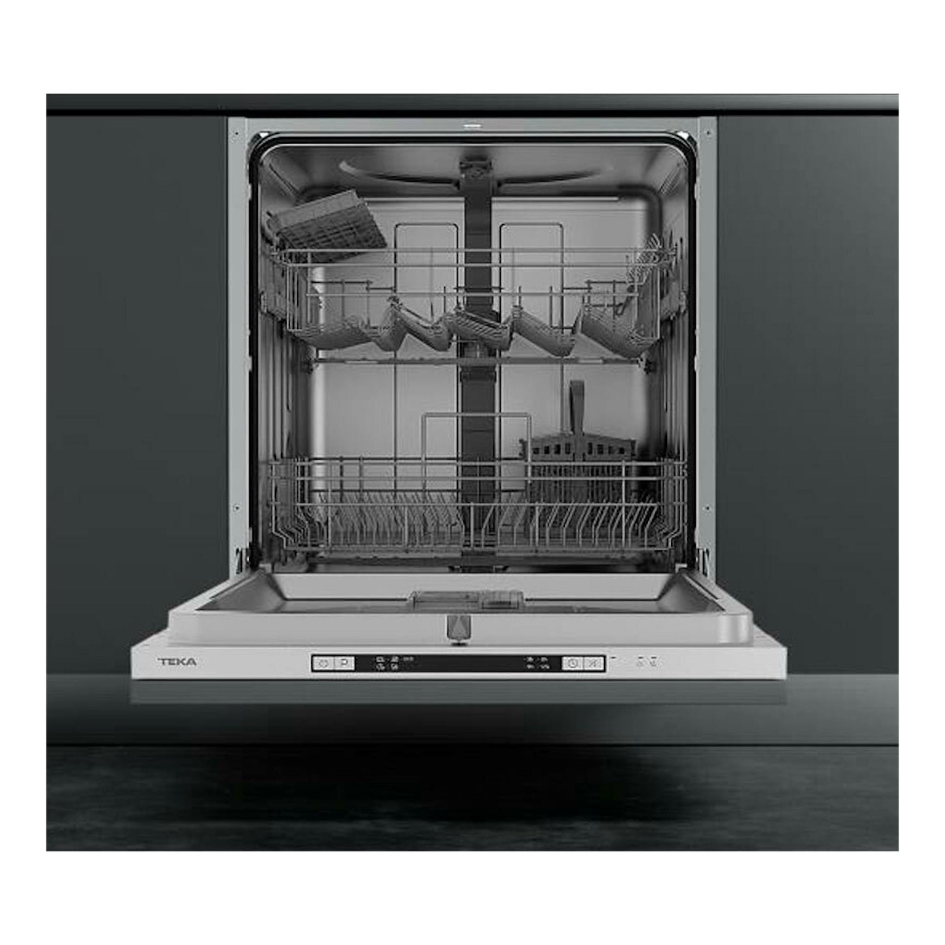 Lavavajillas integrable Teka DFI46710 WH blanco, abierto de frente, con cestas y panel frontal visible.