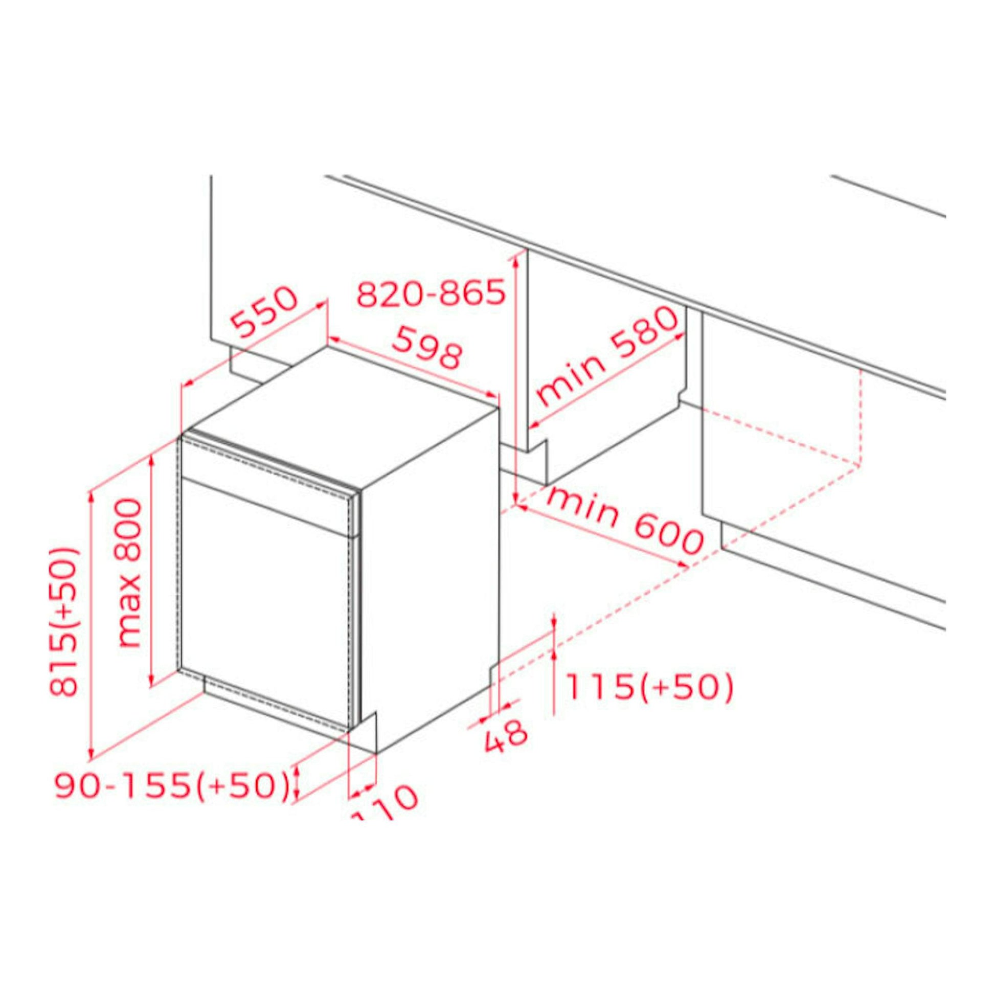 Esquema técnico del lavavajillas integrable Teka DFI46960 de 60 cm, vista isométrica en blanco con medidas rojas.