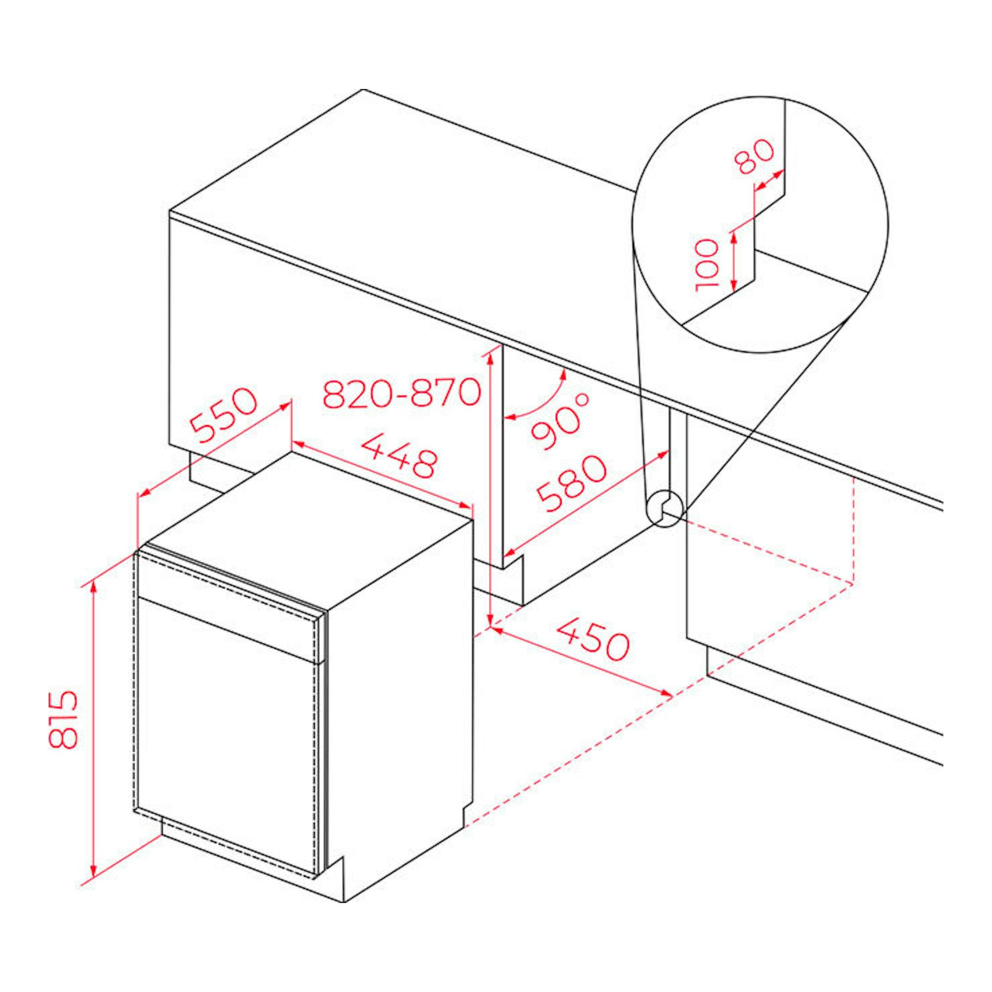 Diagrama técnico en perspectiva de lavavajillas integrable Teka DFI74860 45 cm, en blanco, con medidas.