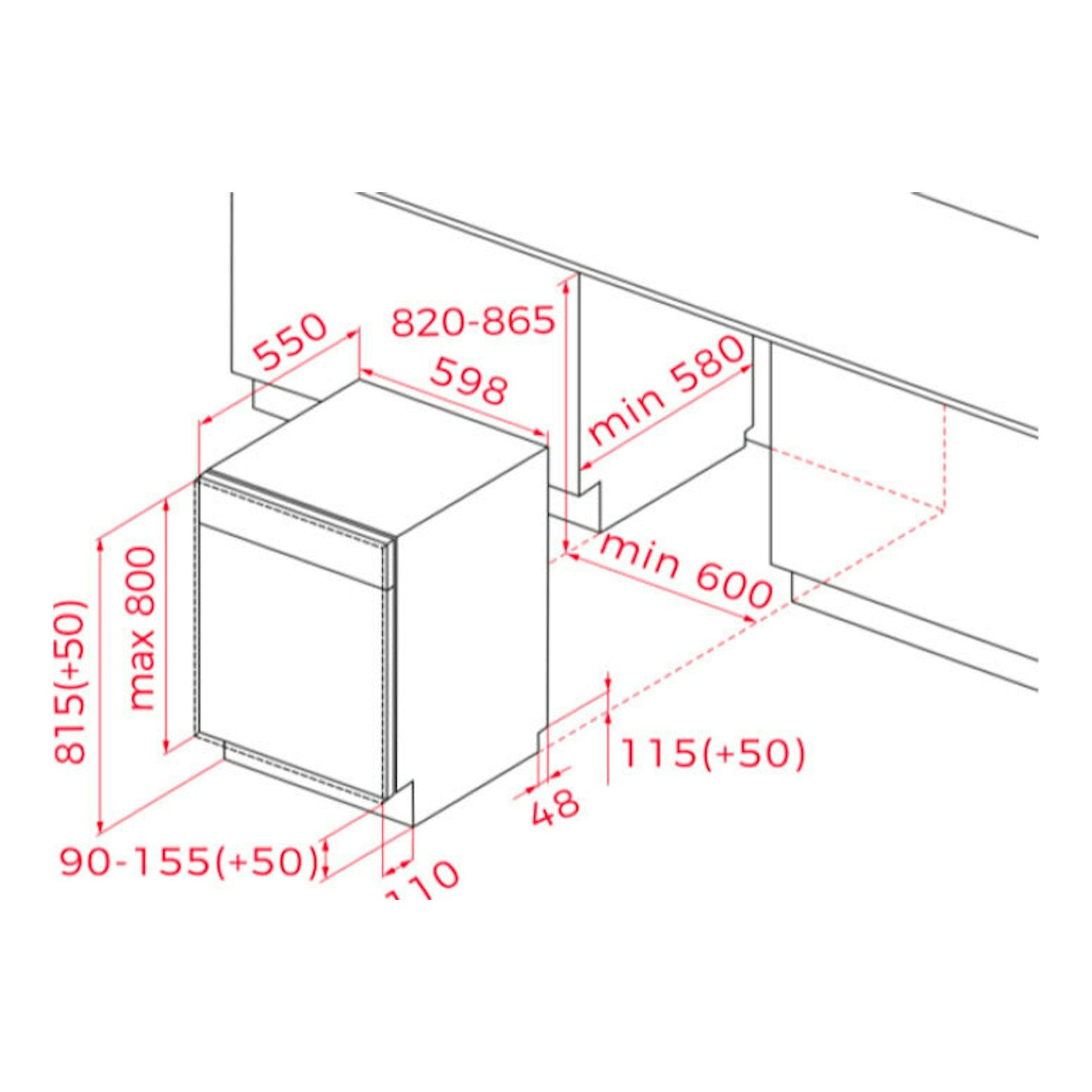Diagrama de instalación de lavavajillas integrable Teka DFI76960 de 60 cm, vista en perspectiva con medidas en rojo.