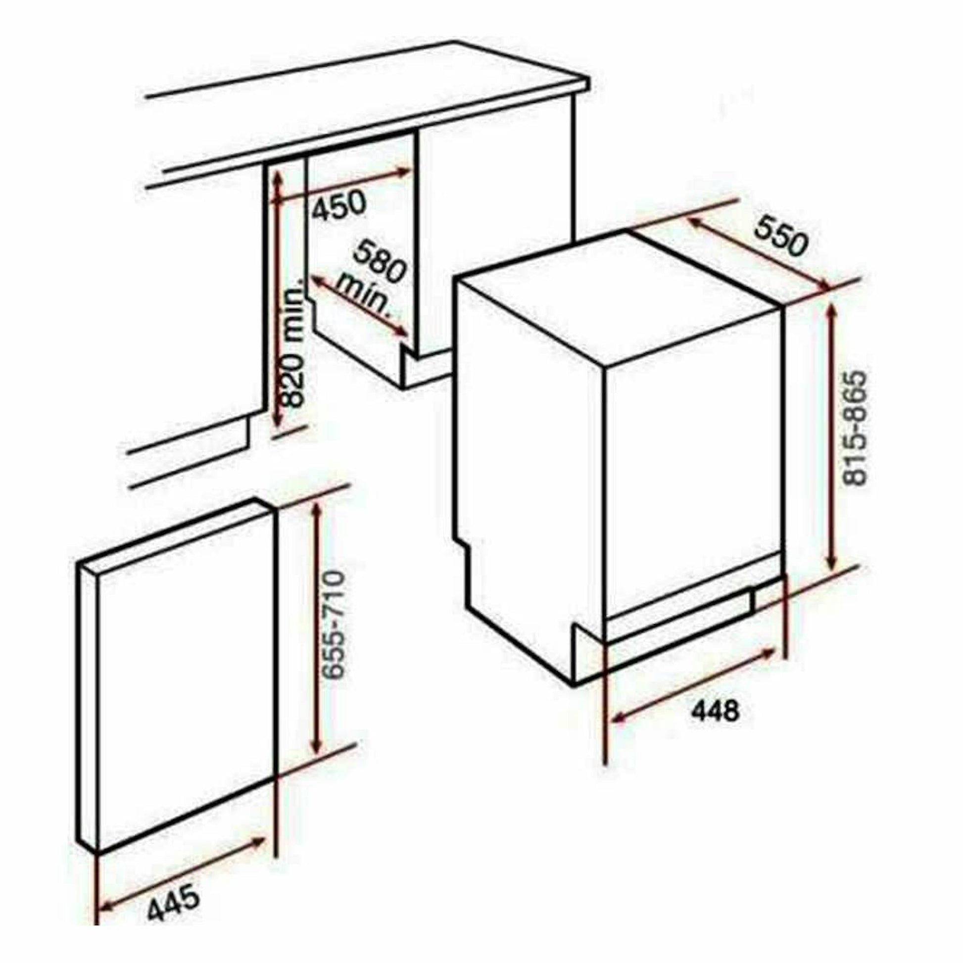 Esquema de medidas del lavavajillas integrable Teka DW840FI de 45 cm