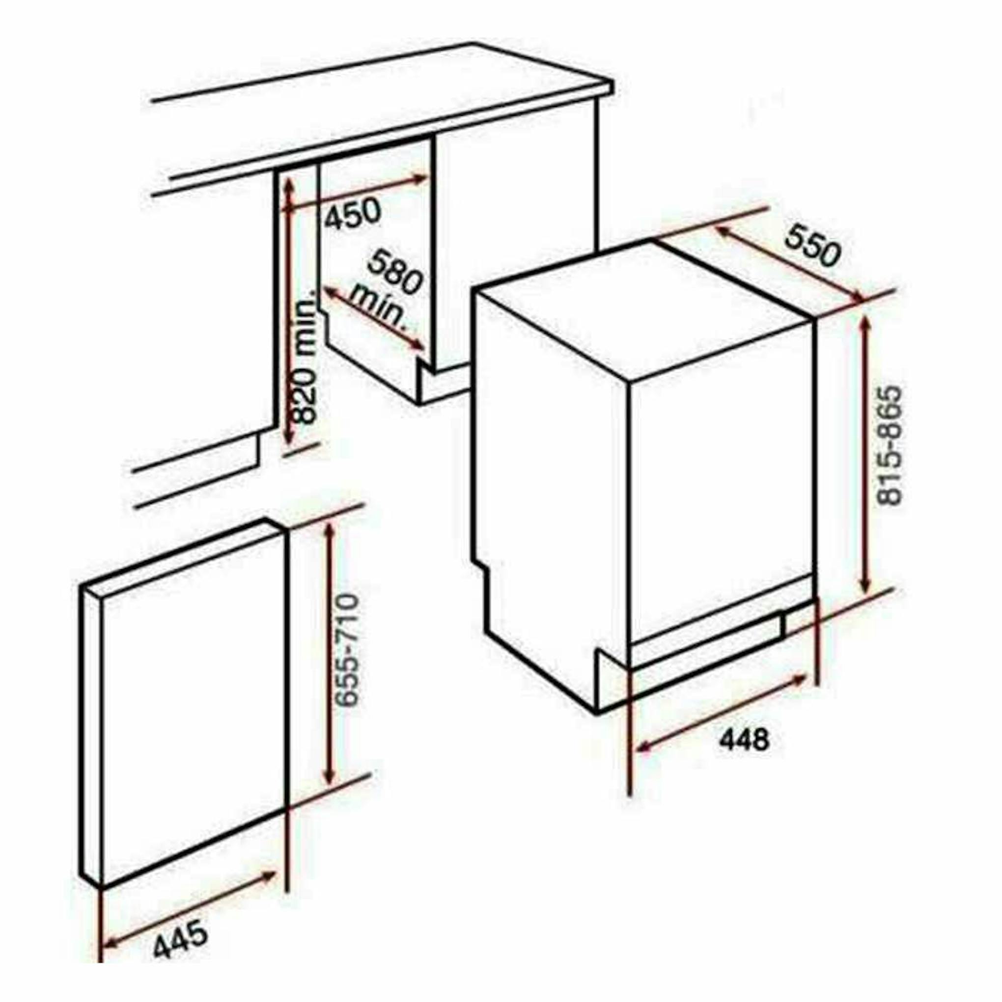 Esquema de medidas del lavavajillas integrable Teka DW840FI de 45 cm