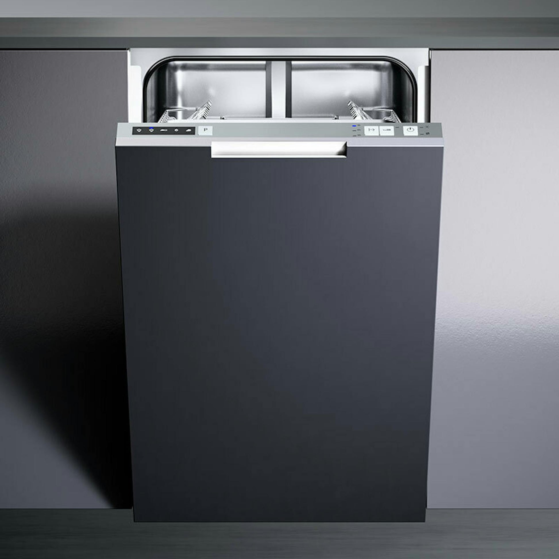 Lavavajillas integrable Teka DW840FI de 45 cm con la puerta abierta e interior visible