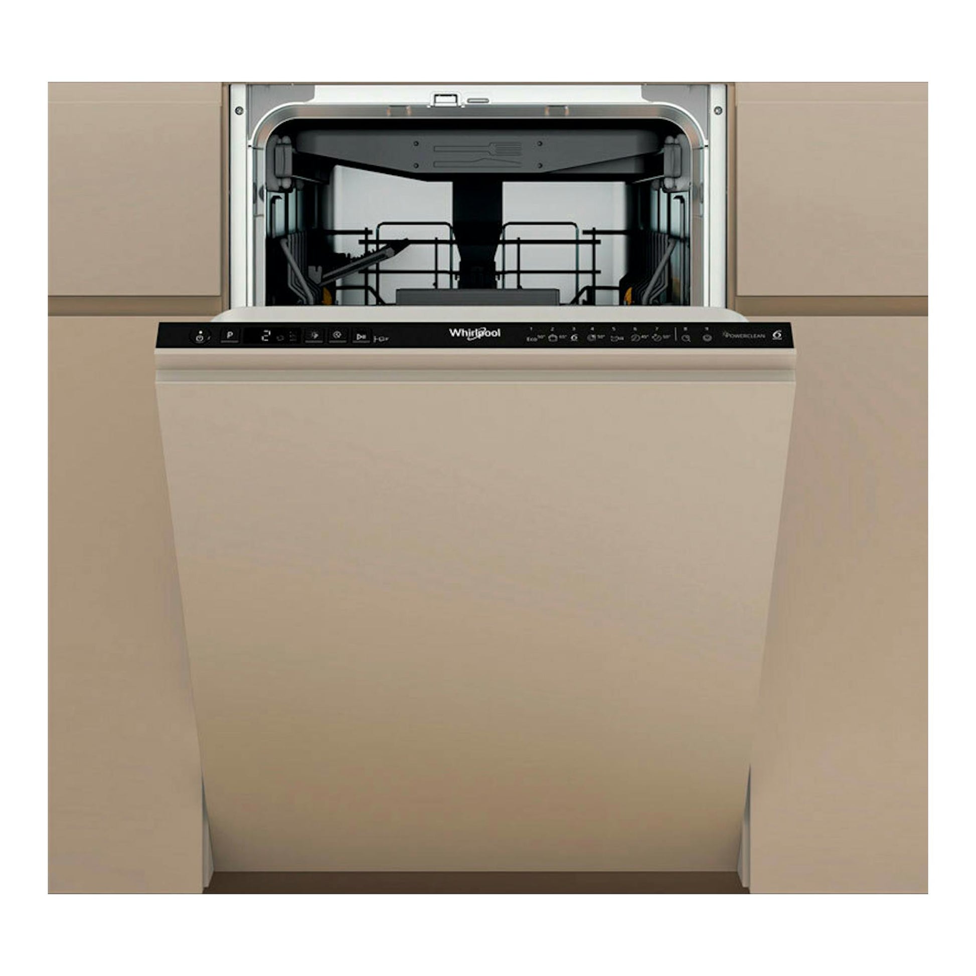 Lavavajillas integrable Whirlpool WH6IC11BS7LA0 beige, visto de frente con la puerta abierta.