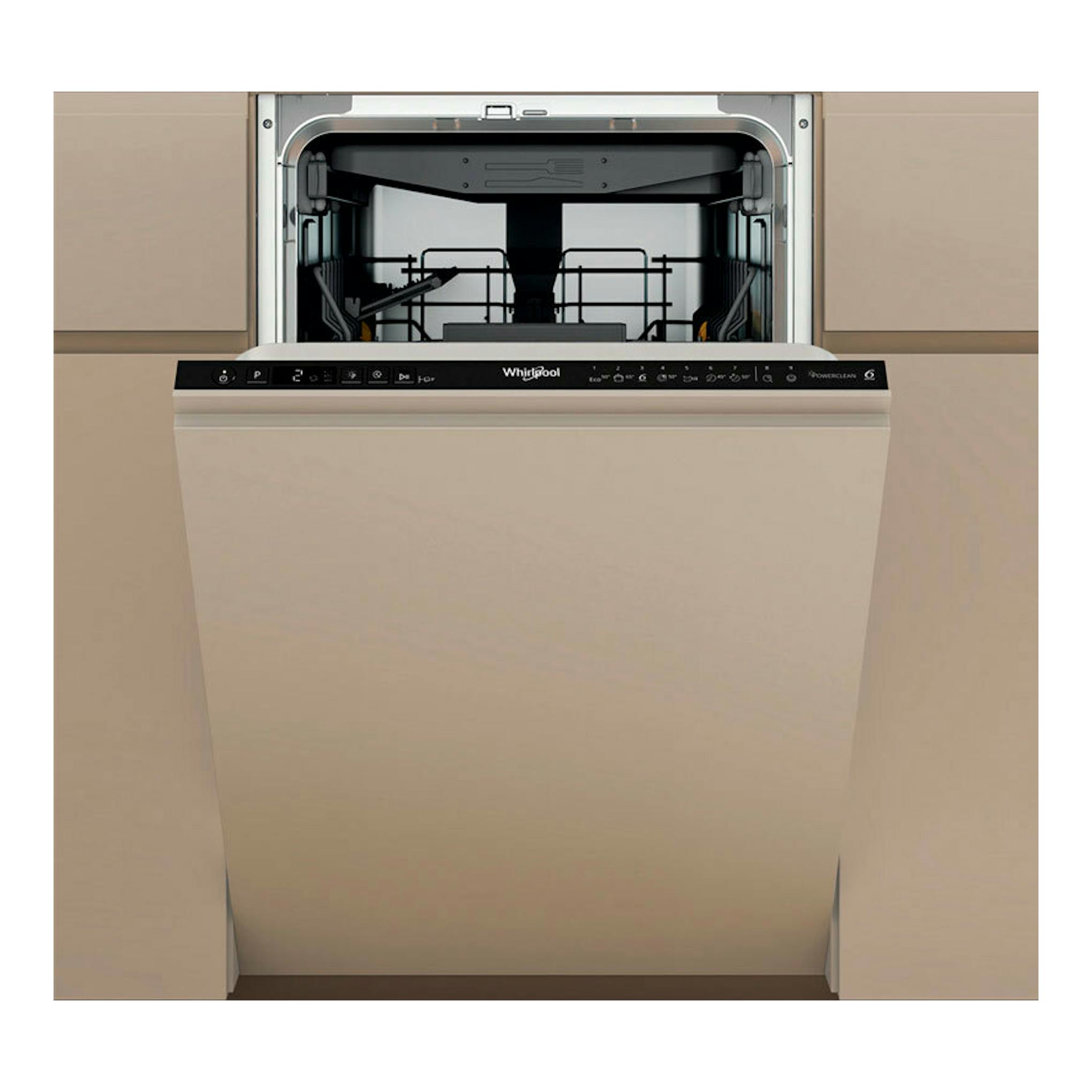 Lavavajillas integrable Whirlpool WH6IC11BS7LA0 beige, visto de frente con la puerta abierta.