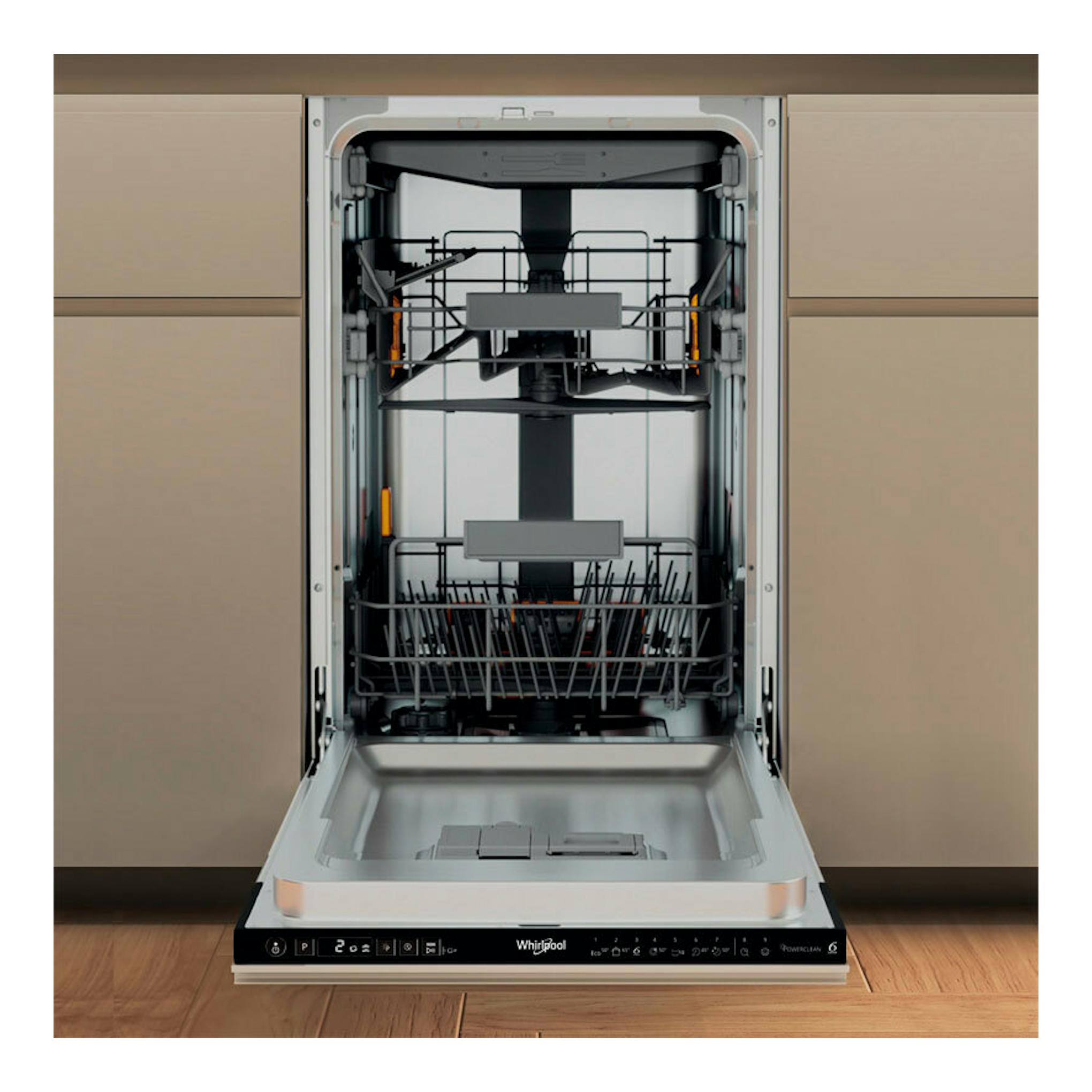 Lavavajillas integrable Whirlpool WH6IC11BS7LA0 abierto, vista frontal, color gris y negro.