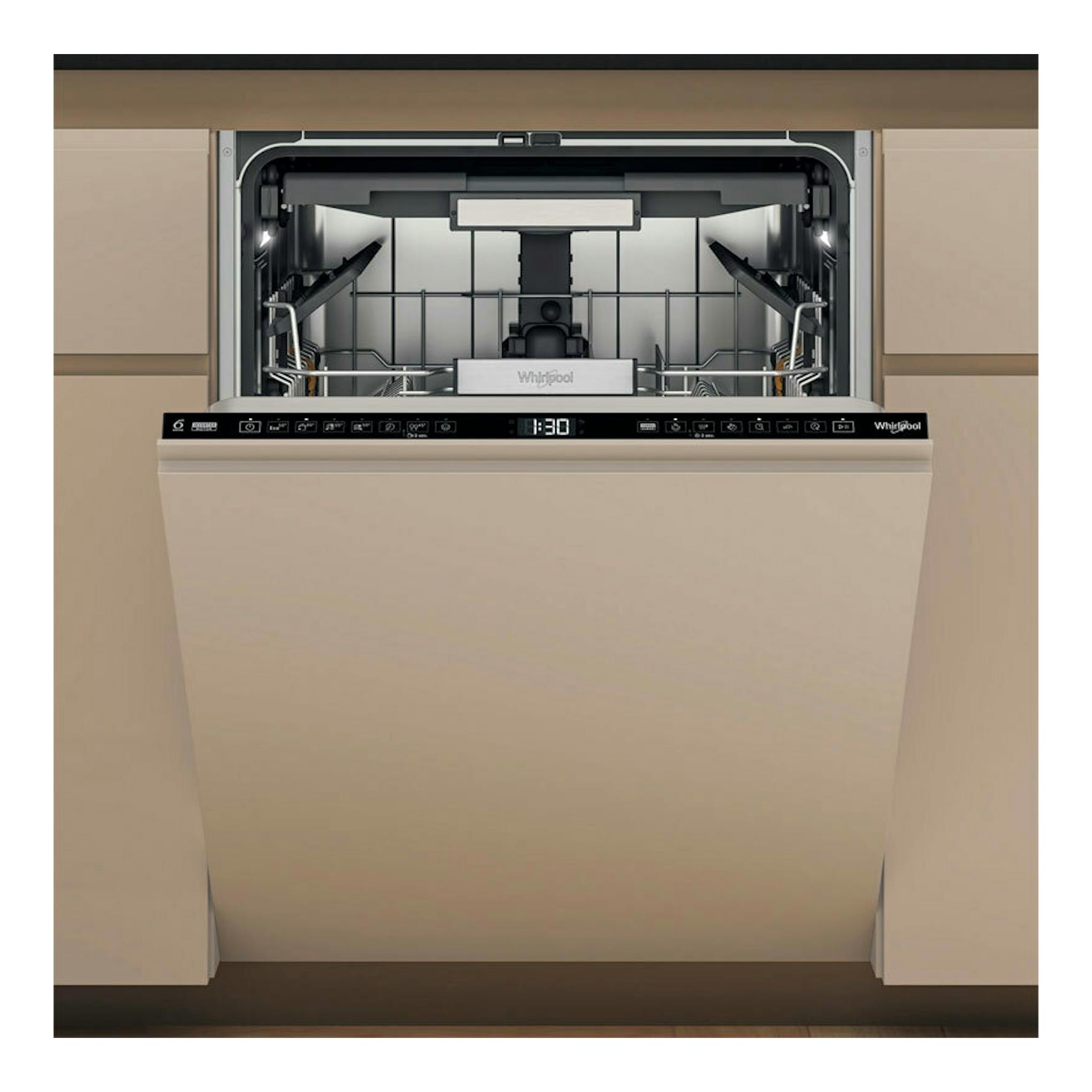 Lavavajillas integrable Whirlpool WH7IA115B2M3TUS0, vista frontal con puerta abierta y panel beige.
