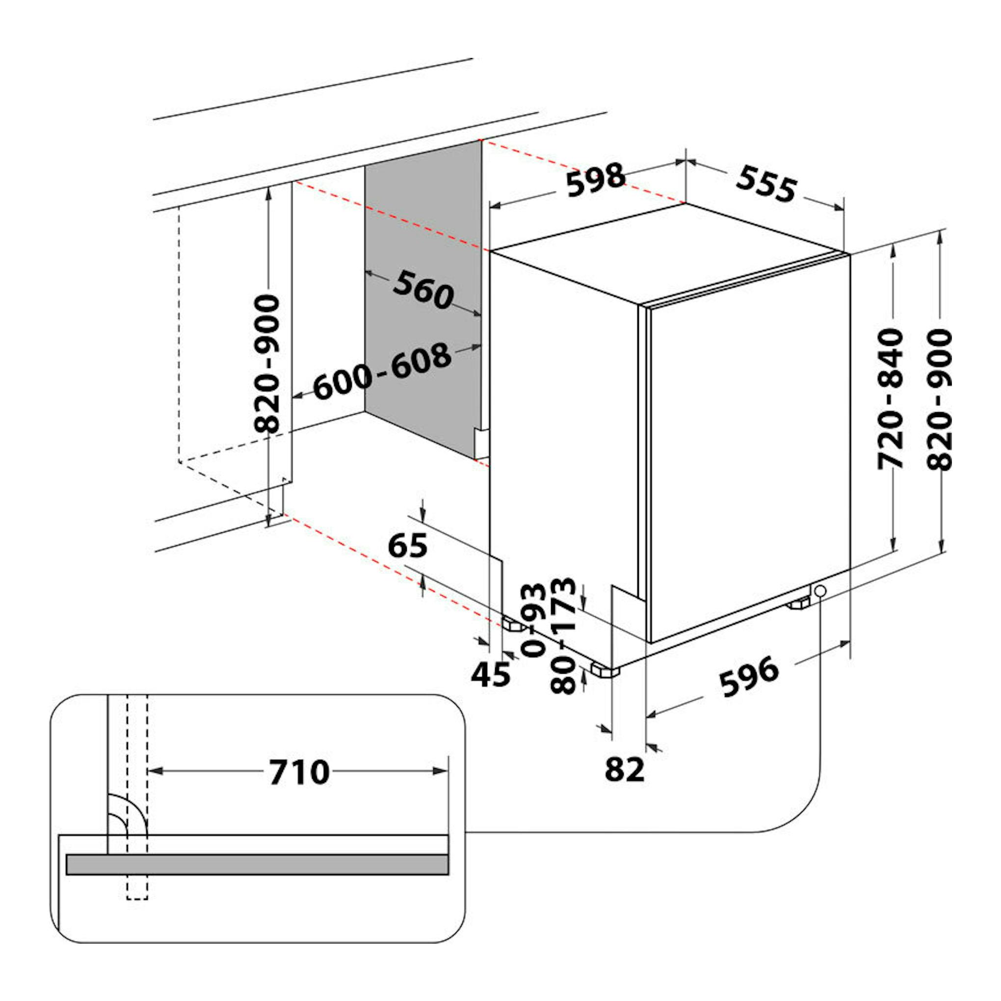 Diagrama técnico de lavavajillas integrable Whirlpool WH7IA115B2M3TUS0, vista isométrica, blanco, con medidas.