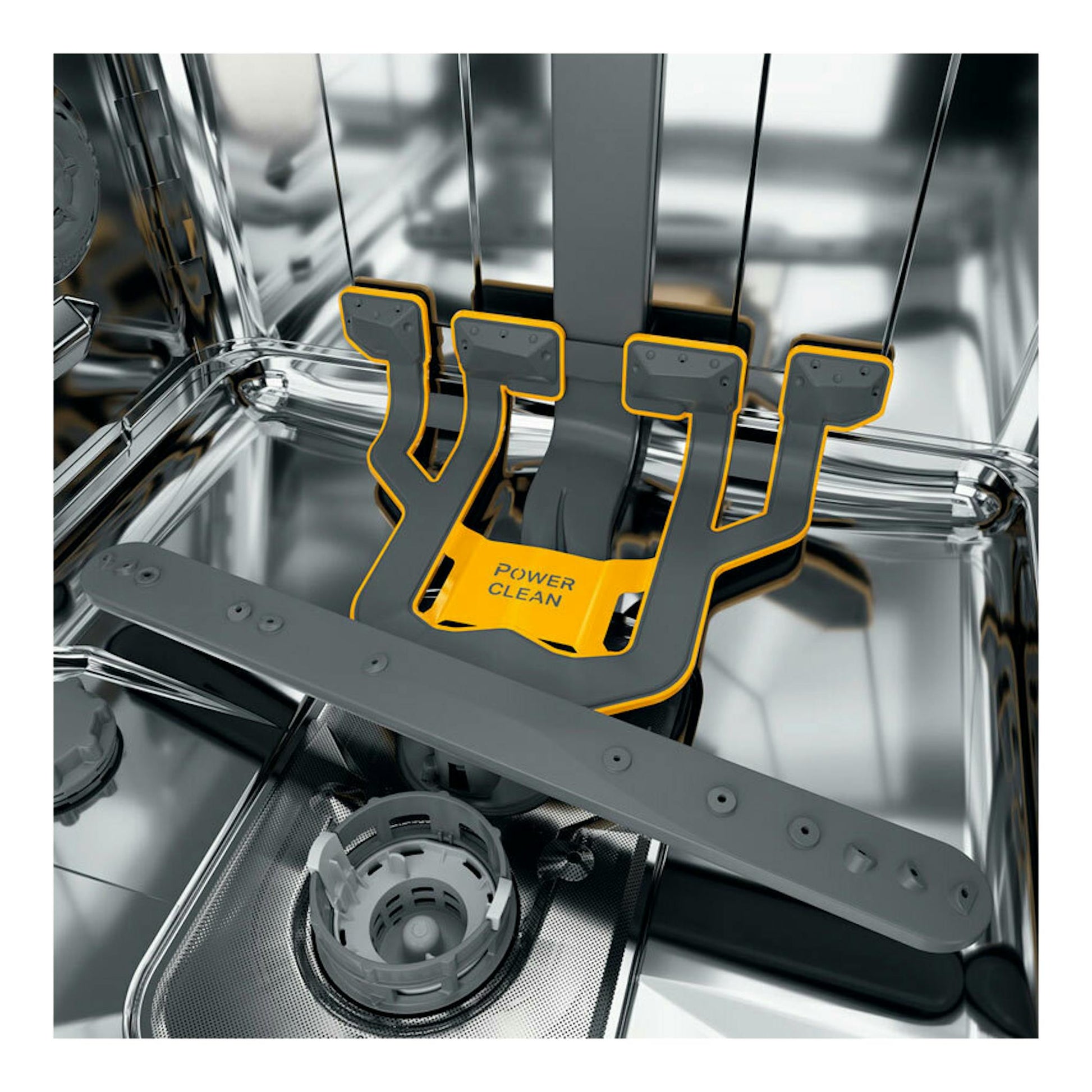 Interior de lavavajillas Whirlpool WH7IA115B2M3TUS0, vista cenital, acero inoxidable y brazo PowerClean.