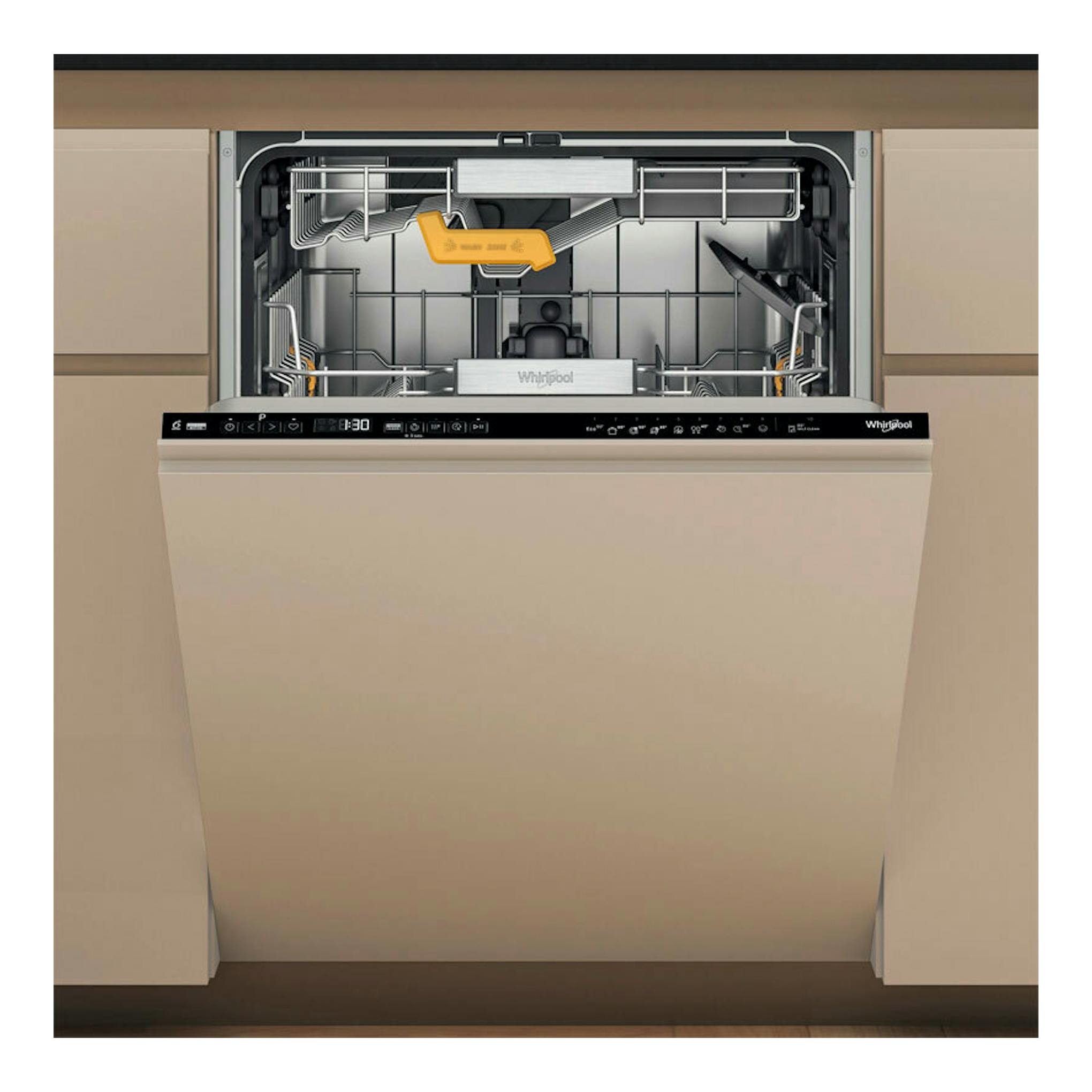 Lavavajillas integrable Whirlpool WH8IA15AM6L0 de 60 cm, frontal, con la puerta abierta y el interior visible.