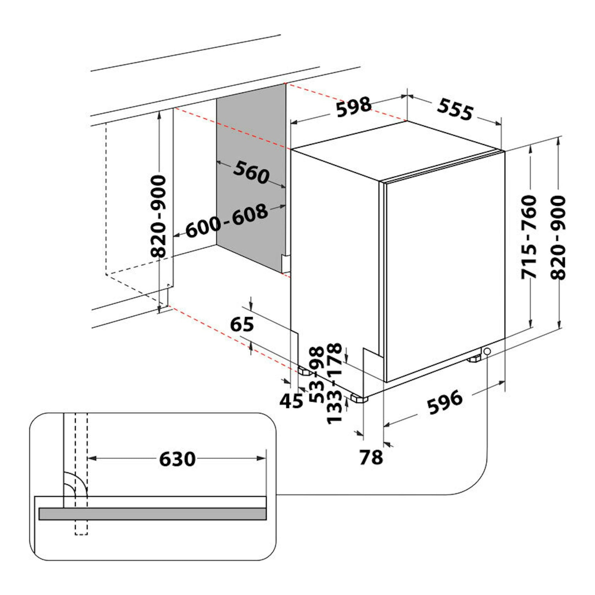 Esquema técnico de lavavajillas integrable Whirlpool WH8IA15AM6L0 de 60 cm, con medidas y vistas frontal/lateral.