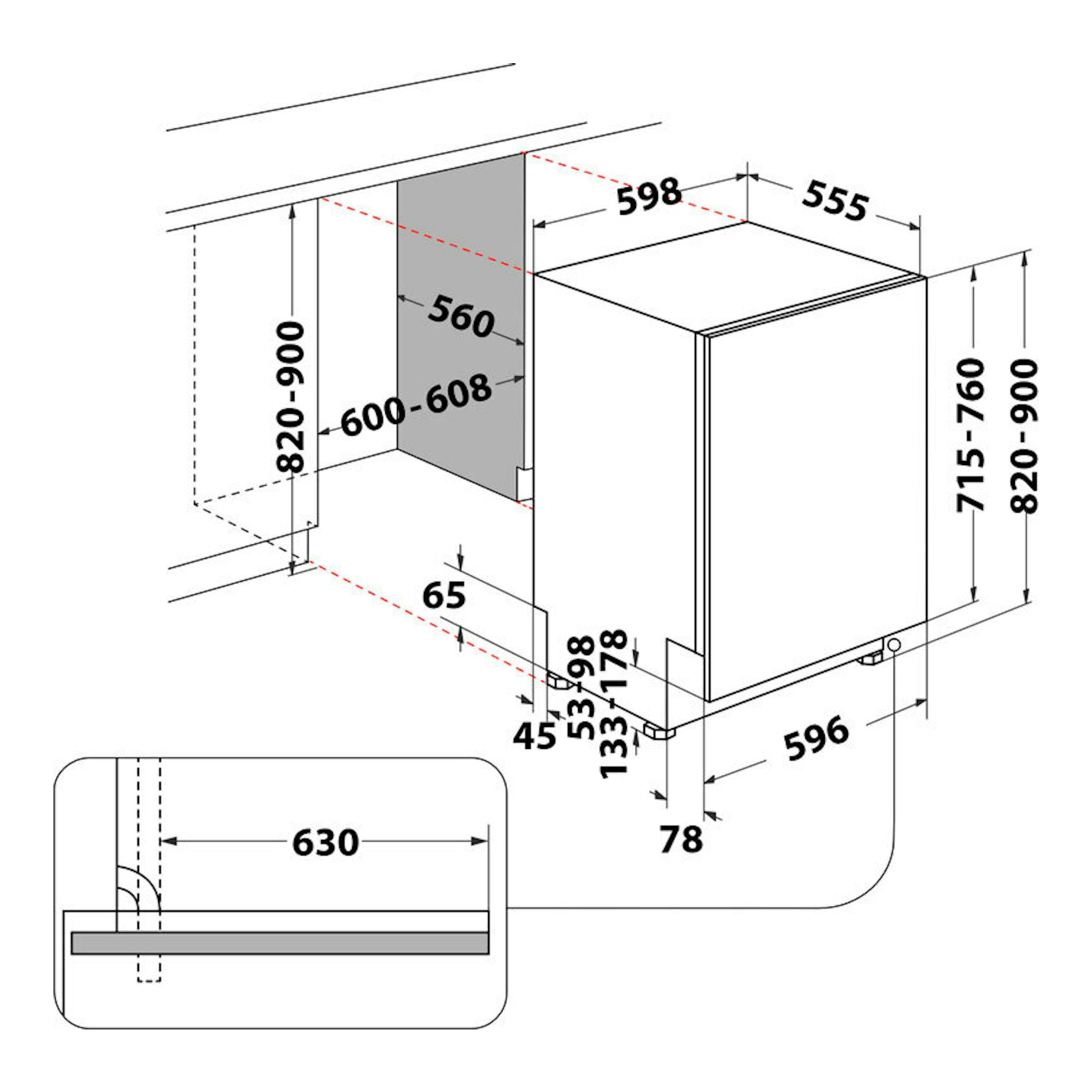 Esquema técnico de lavavajillas integrable Whirlpool WH8IA15AM6L0 de 60 cm, con medidas y vistas frontal/lateral.