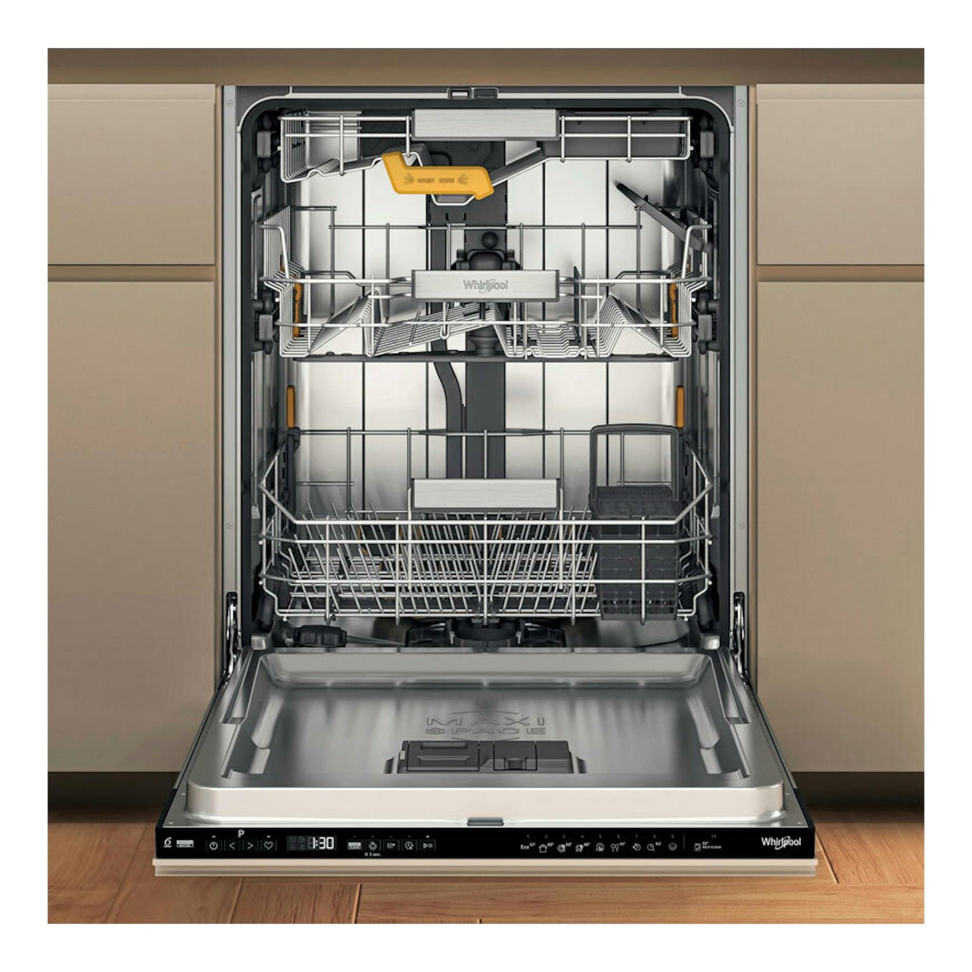 Lavavajillas integrable Whirlpool WH8IA15AM6L0 abierto, interior de acero inoxidable, vista frontal.