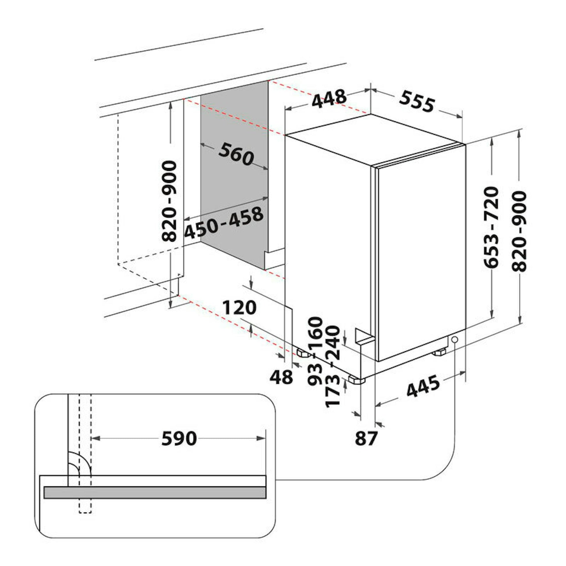 Esquema de instalación del lavavajillas integrable Whirlpool WSIC3M27C de 45 cm con medidas