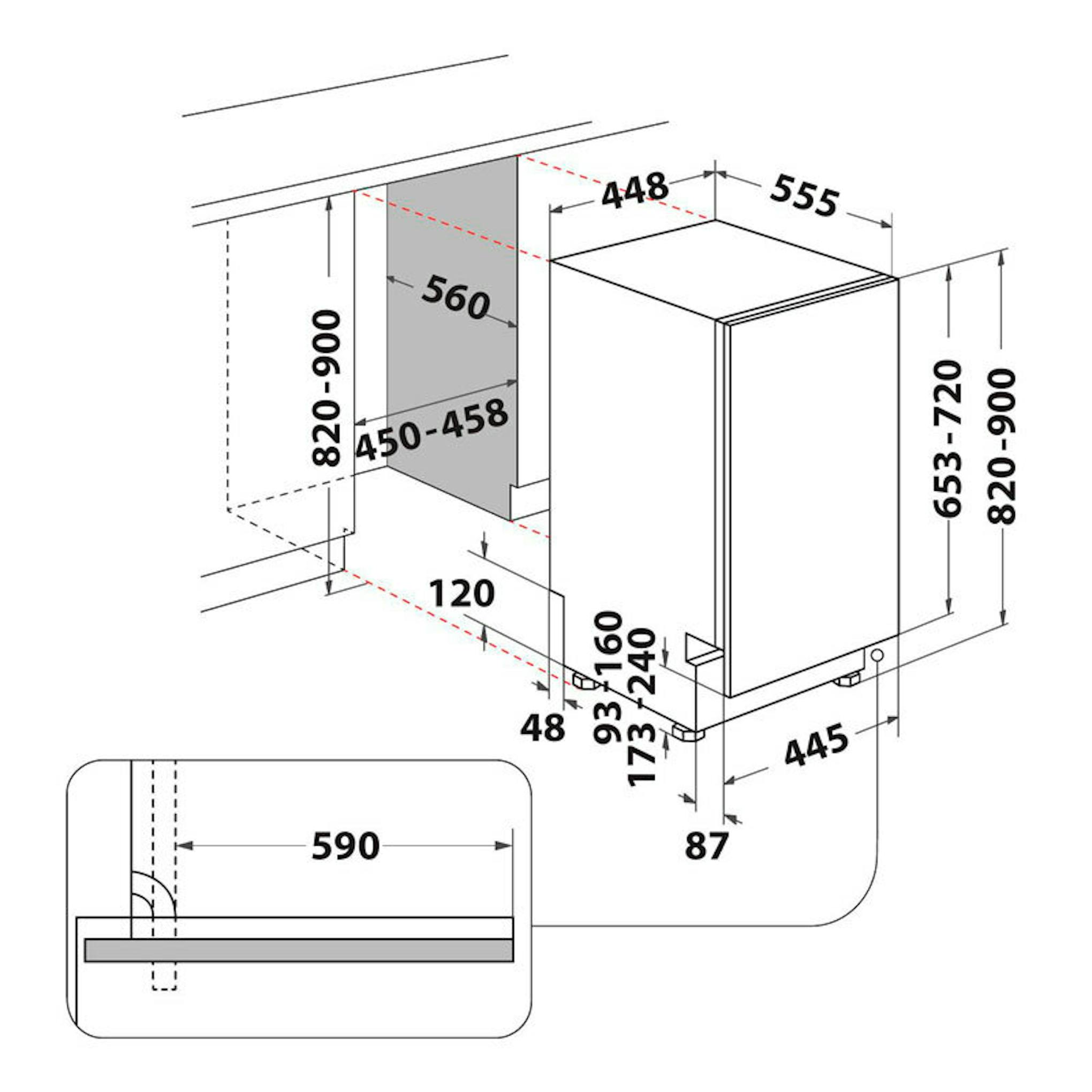 Esquema de instalación del lavavajillas integrable Whirlpool WSIC3M27C de 45 cm con medidas