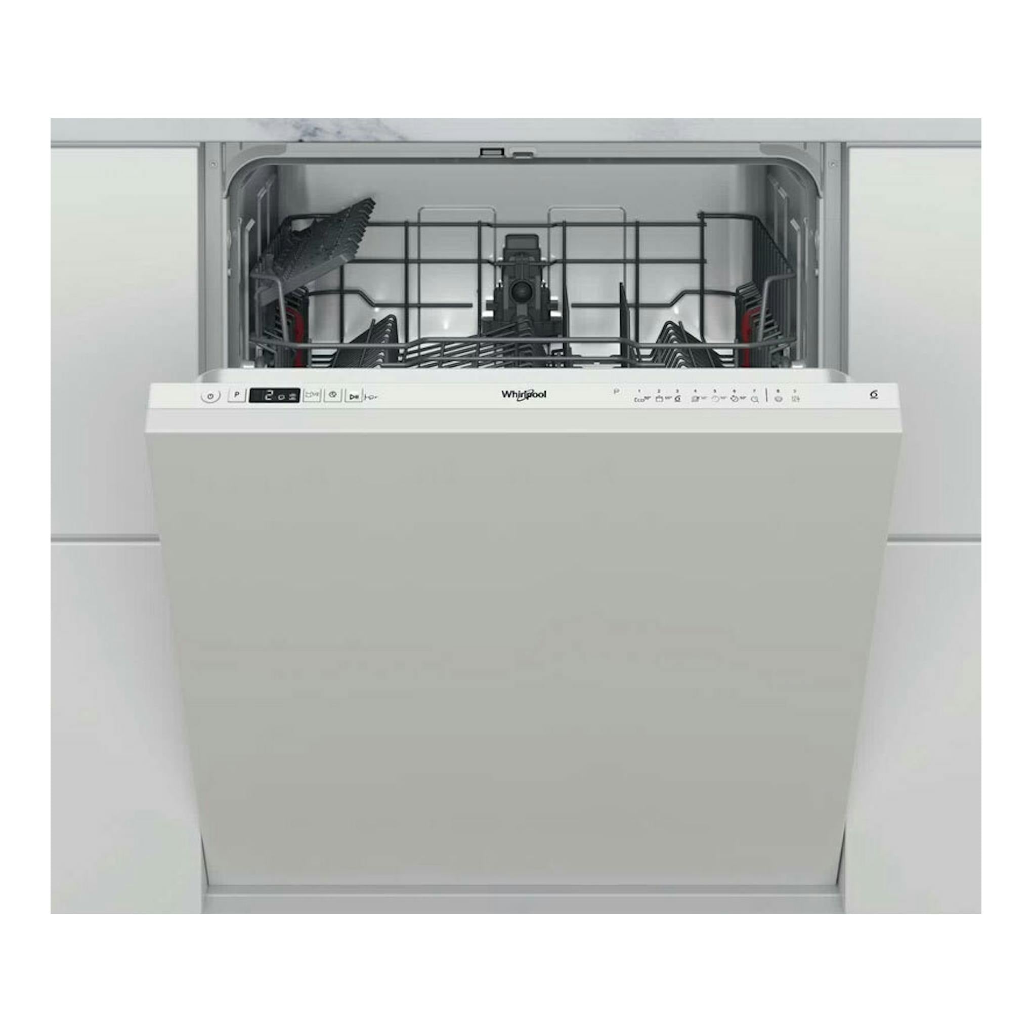 Lavavajillas integrable Whirlpool W2I HD526 A blanco, vista frontal con la puerta abierta.