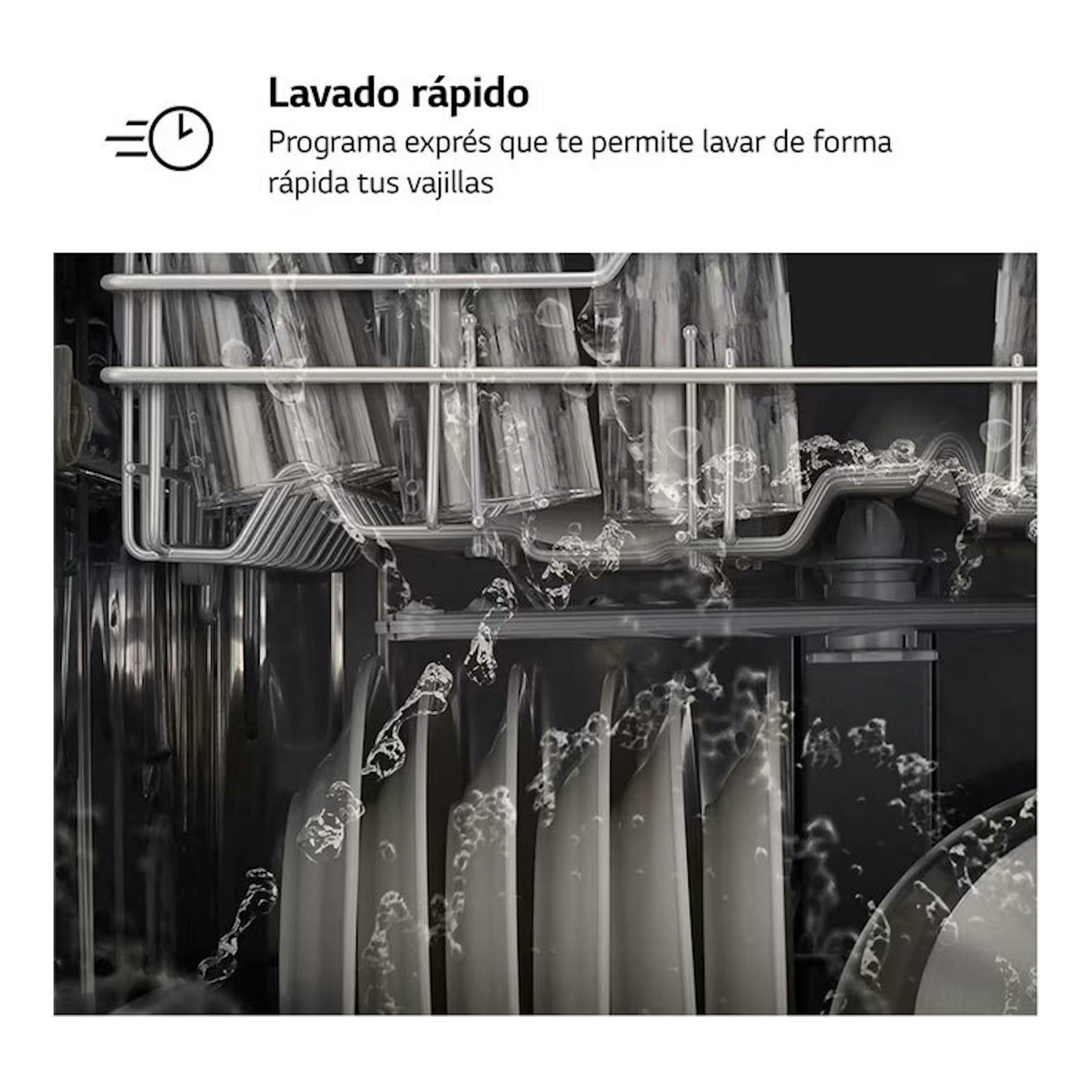 Interior de lavavajillas LG DF030FL con vasos y platos, agua pulverizada y texto “Lavado rápido”.