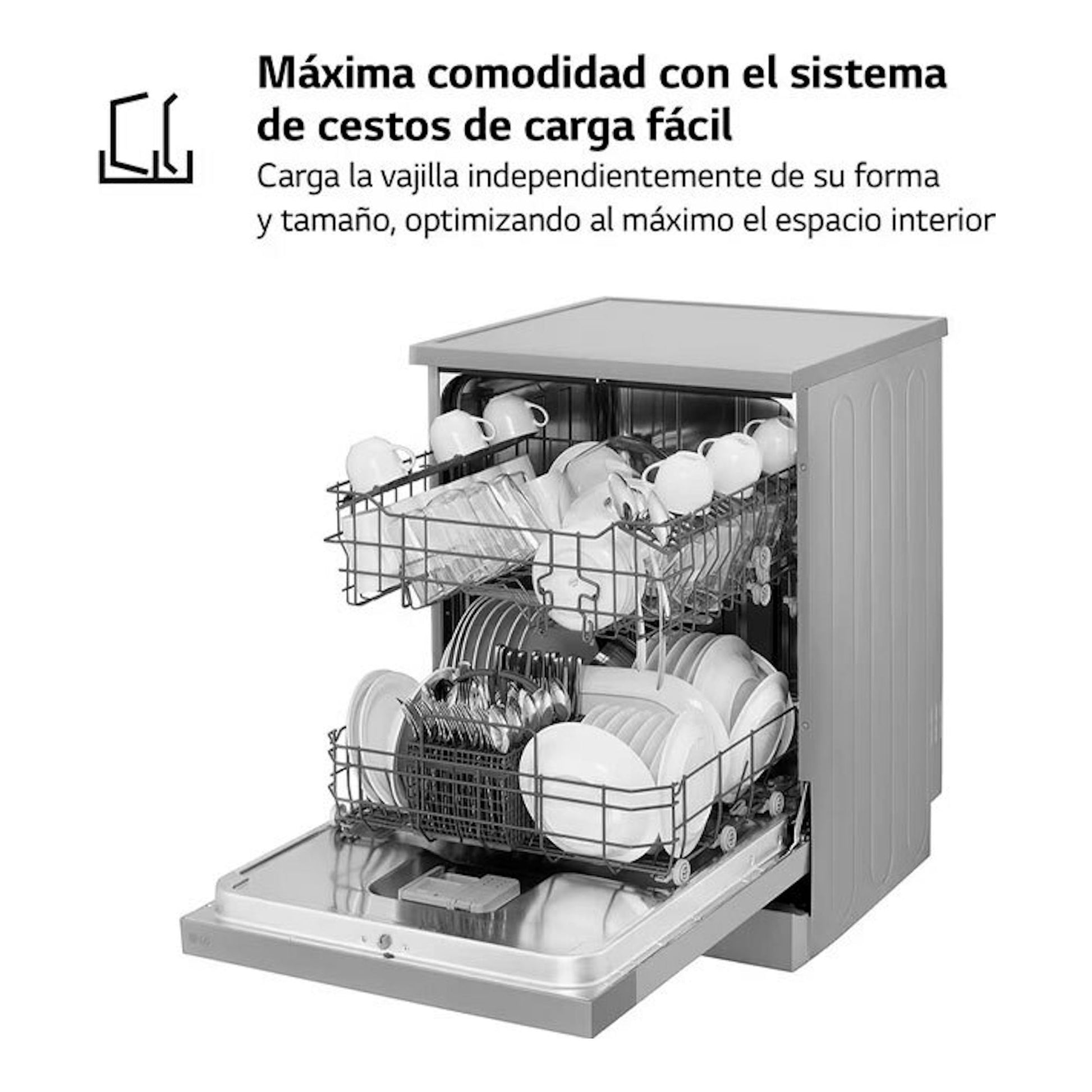 Lavavajillas LG DF030FL de 60 cm, blanco, con puerta abierta y cestos llenos de vajilla.