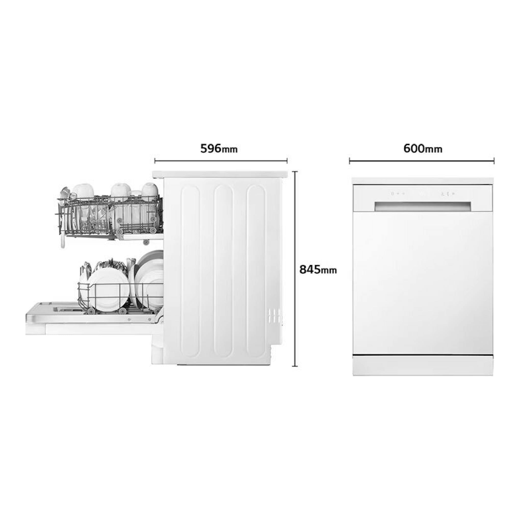 Lavavajillas LG DF030FW blanco, vista frontal y lateral con cestas abiertas y medidas 600 x 845 mm.