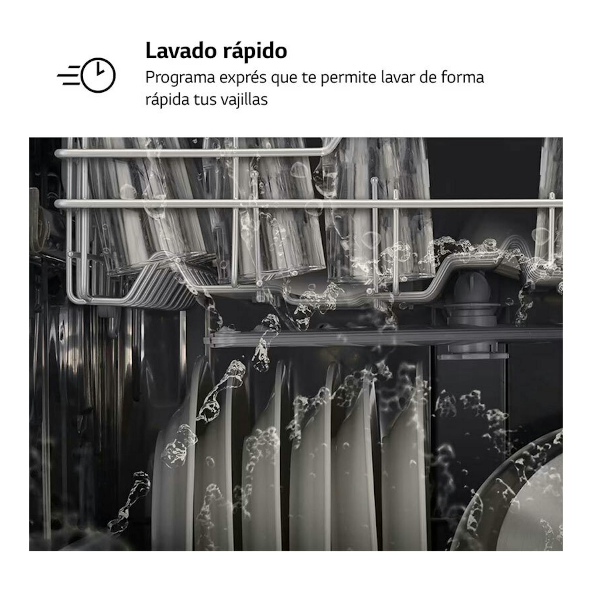 Interior de lavavajillas LG DF030FW, con vajilla y agua pulverizada; texto de programa «Lavado rápido».