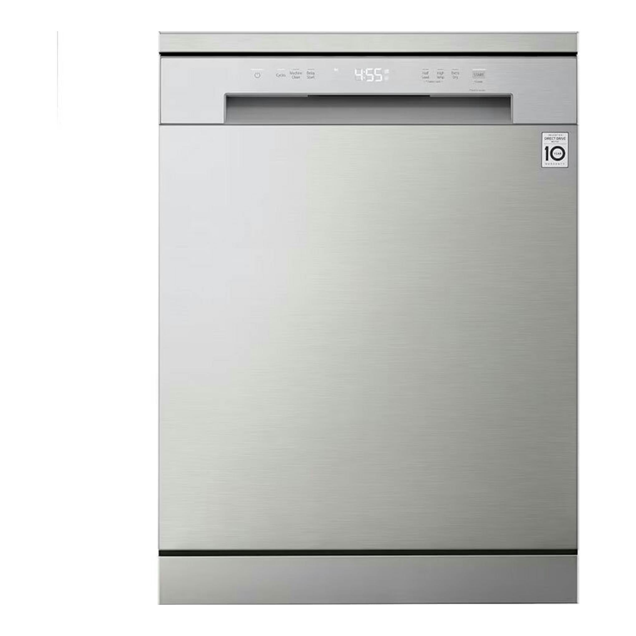 Lavavajillas LG DF142FV de acero inoxidable, vista frontal, con panel superior y display digital.