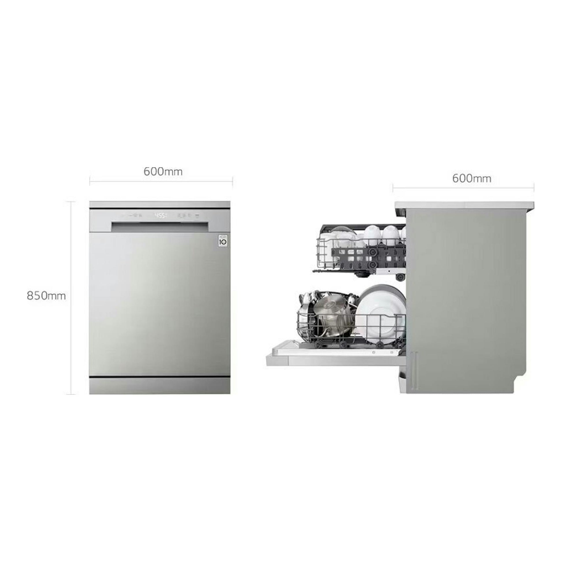 Lavavajillas LG DF142FV de 60 cm, vista frontal y lateral, acabado inox, 600 x 850 mm.