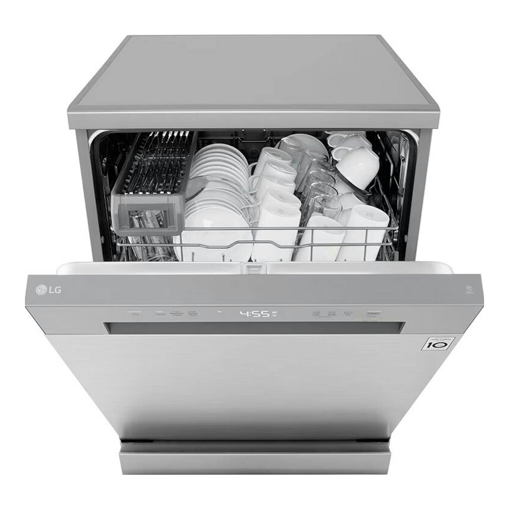 Lavavajillas LG DF142FV de 60 cm, vista frontal en acero inoxidable, puerta abierta y cestos con vajilla.